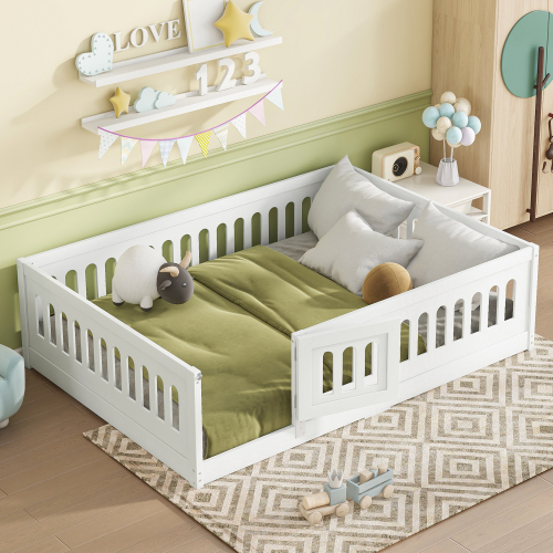 Twin Size Floor Bed with Heightened Safety Guardrails and Door, Solid Wood Bedframe with Rails for Girls, Boys, Teens, Child Bedroom, Kids Playroom, No Slats Included, White、、casual