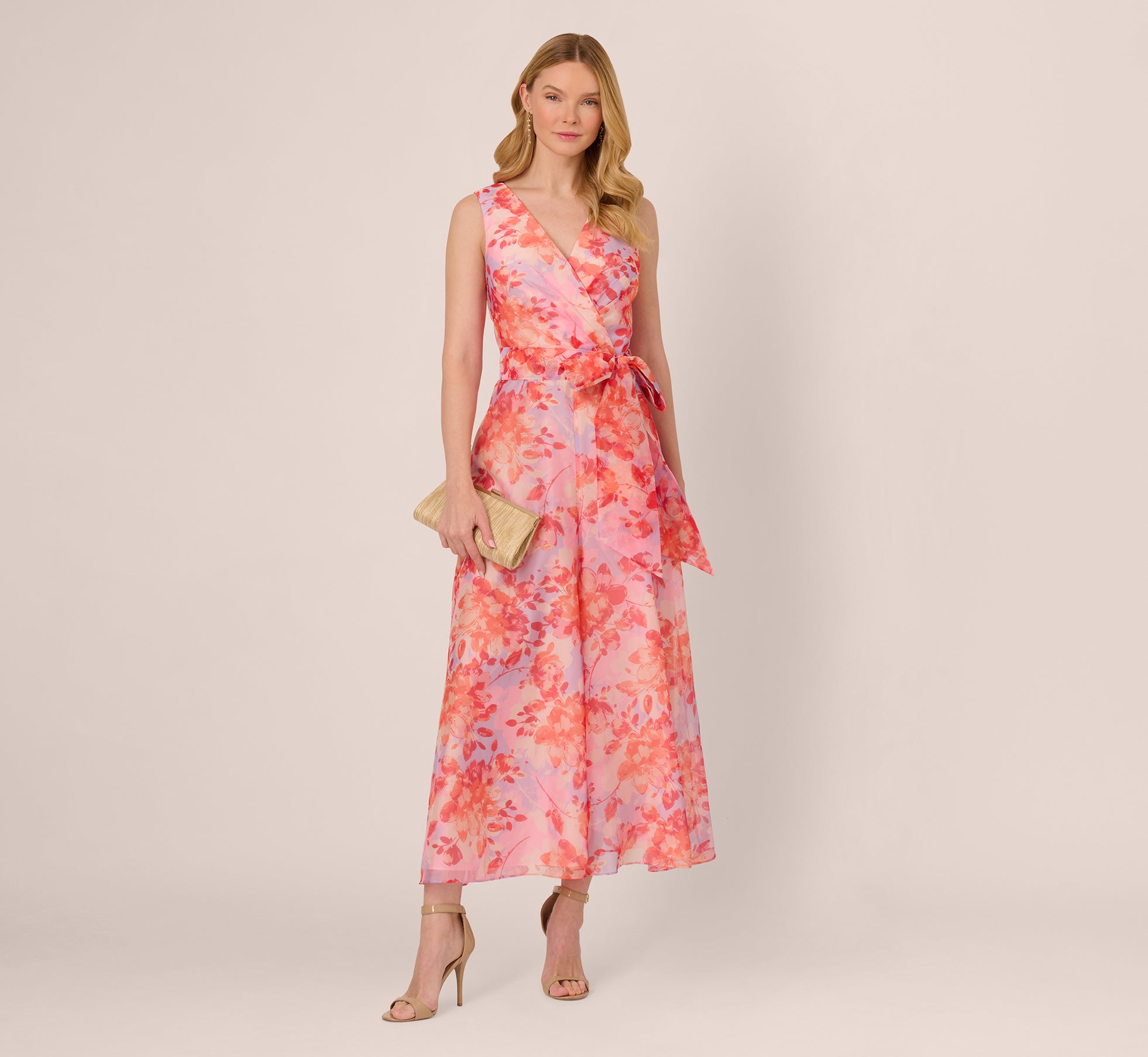 Sleeveless Floral Organza Wide Leg Jumpsuit In Peri Coral Multi、mySite、solidvoid