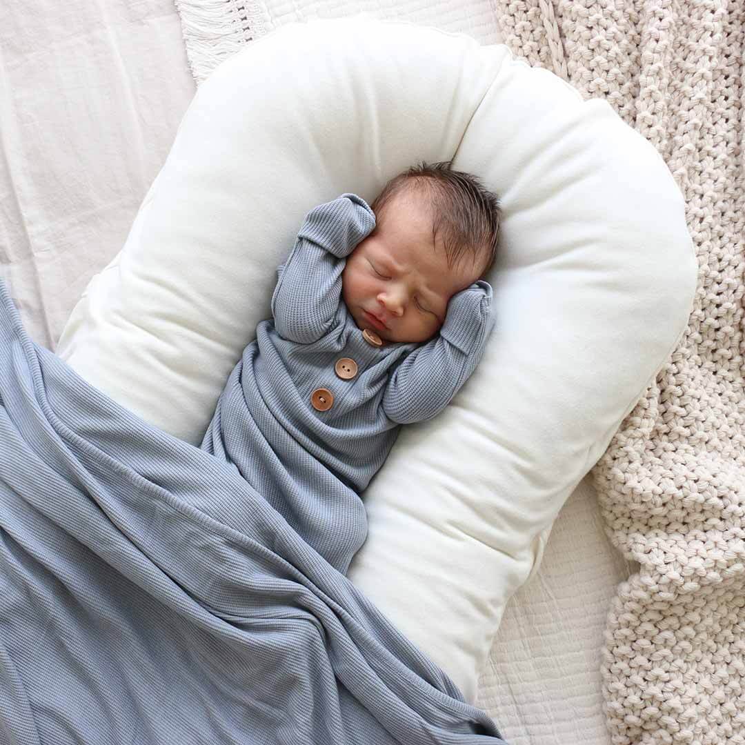  Dusty Denim Bamboo Waffle Newborn Baby Knot Gown & Hat Set、mySite、layawaytickets