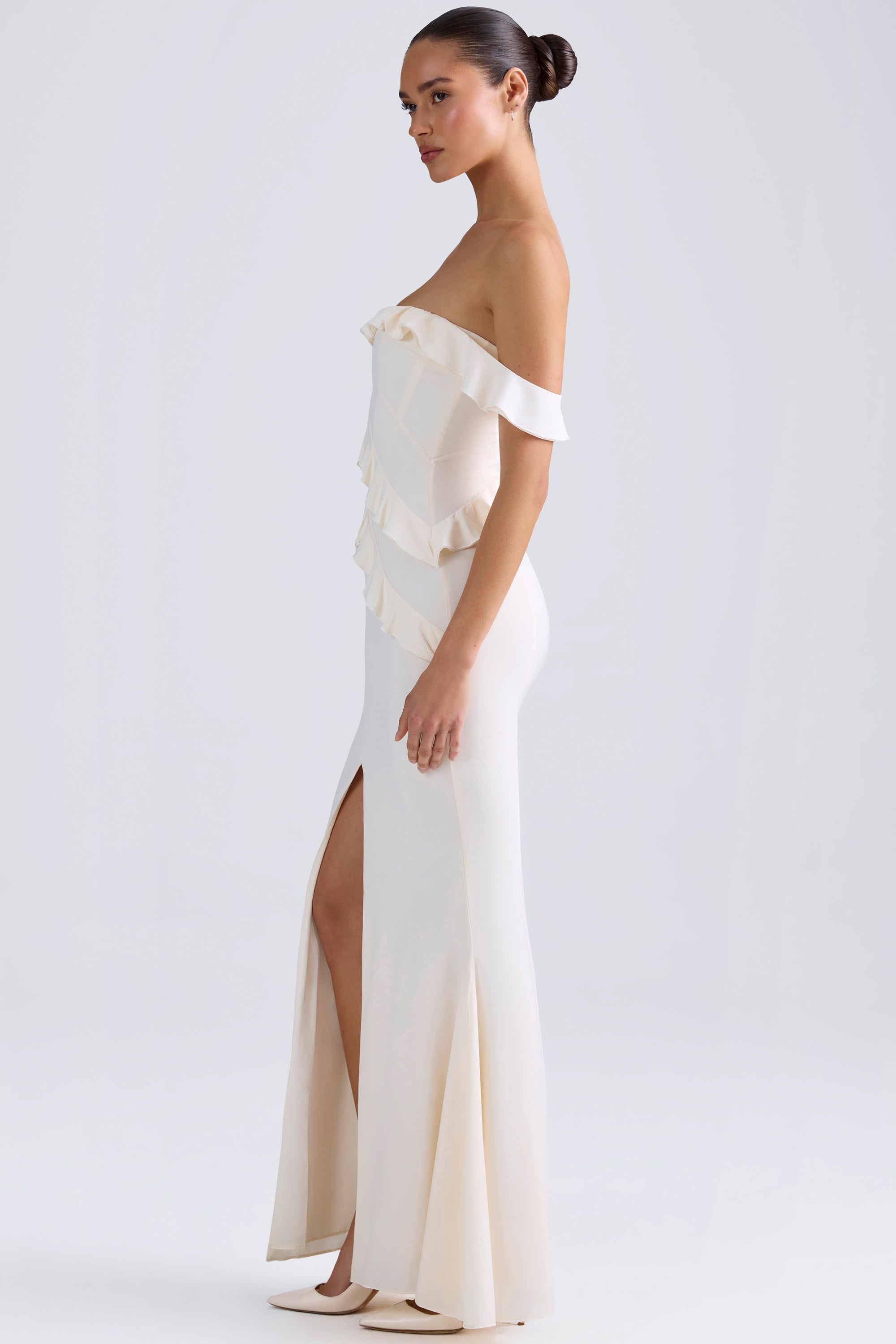 Off-Shoulder Ruffle-Trim Gown in Ivory、mySite、solidvoid