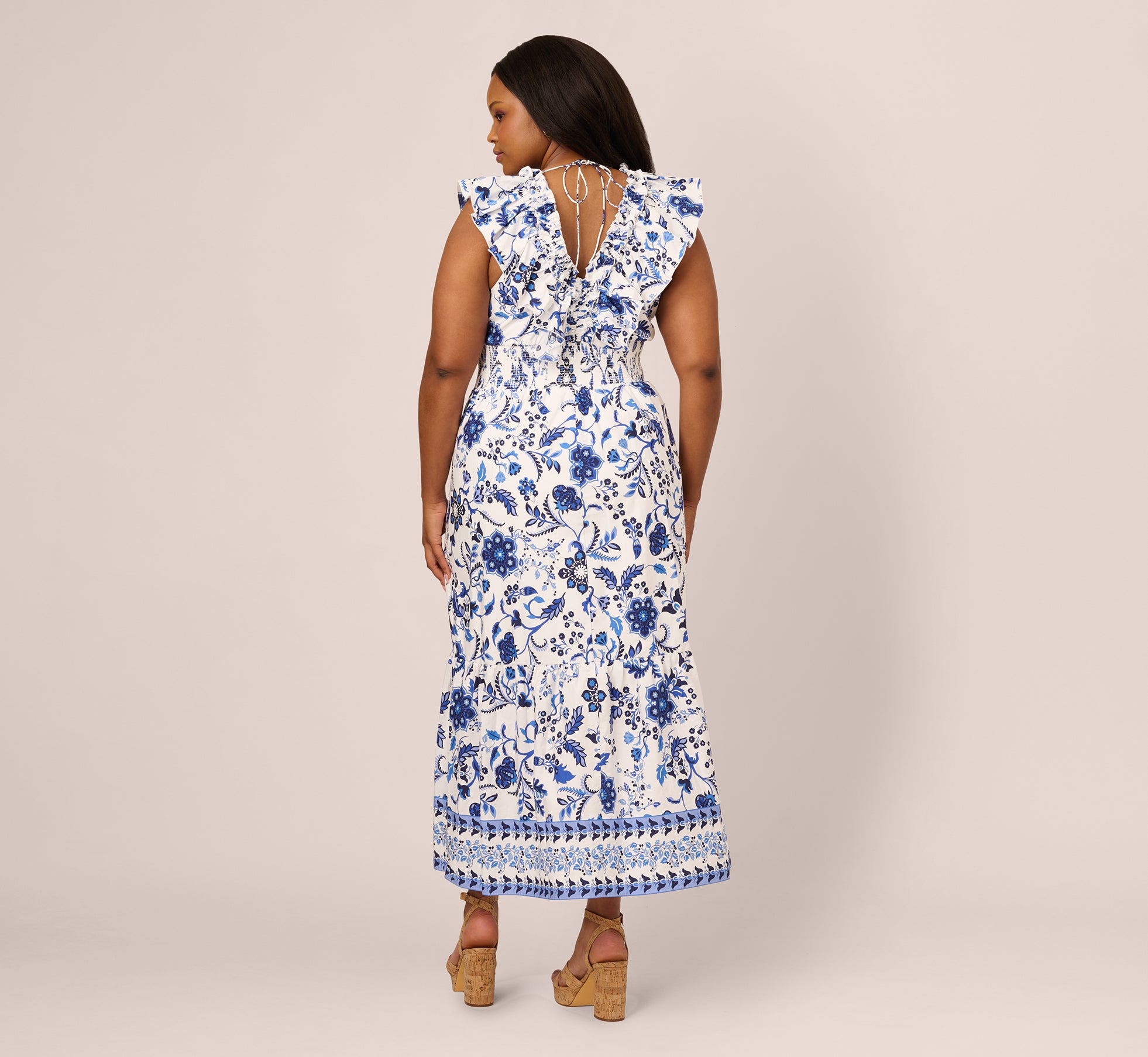 Plus Size Sleeveless Ruffle Collar Printed Midi Dress In White Blue Multi、mySite、solidvoid