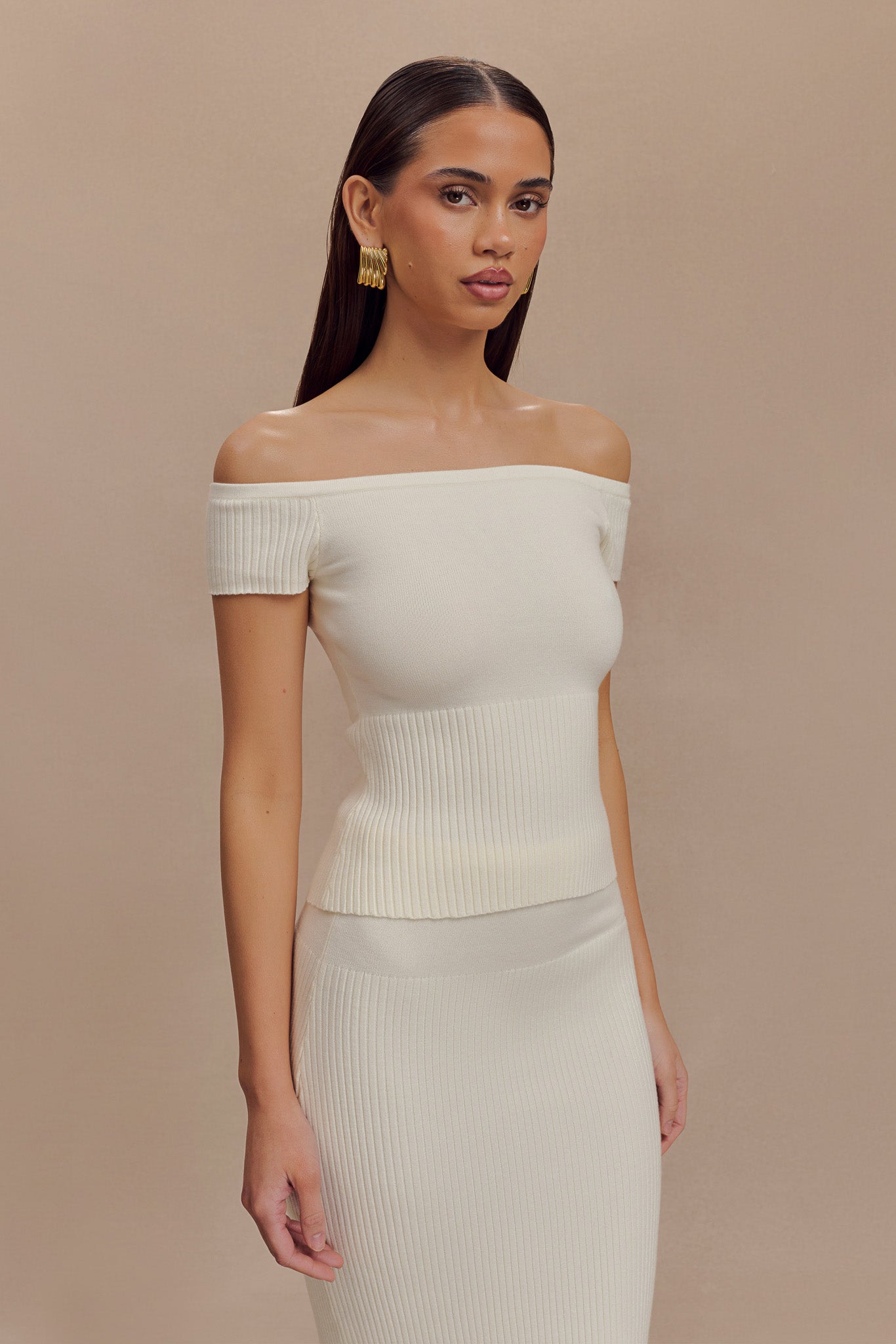 Mathilde Ribbed Knit Off Shoulder Top - Ivory、mySite、solidvoid