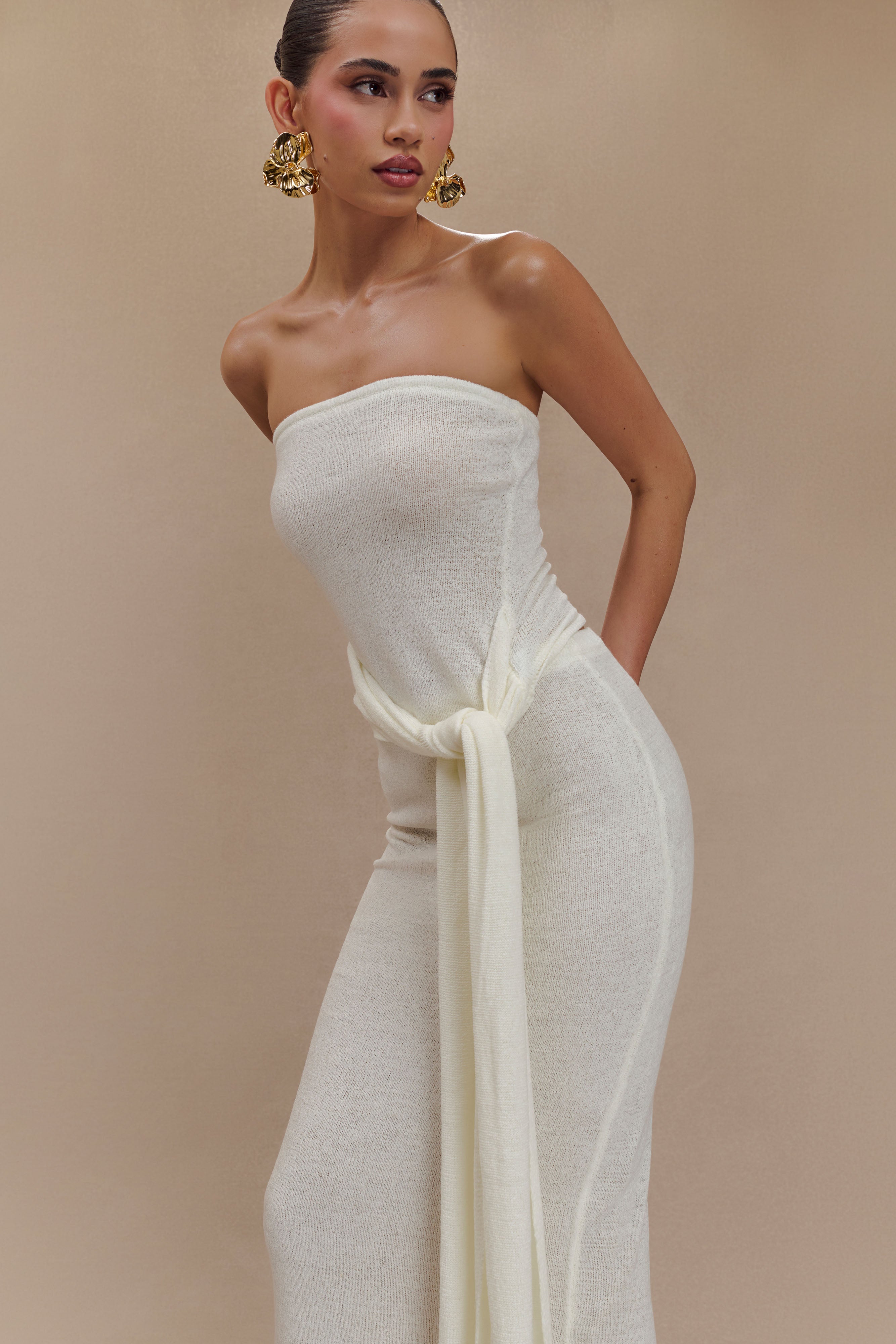 Phoebe Strapless Tie Knit Top - Ivory、mySite、solidvoid