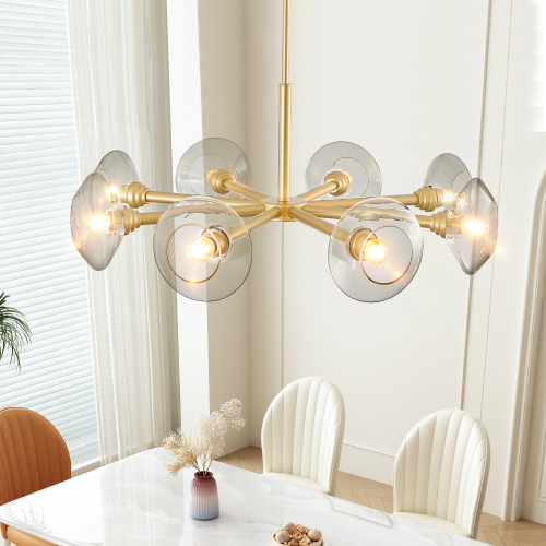 26" Modern Gold 5-Light Sputnik Chandelier with Clear Glass Shades, Mid-Century Hanging Pendant Light Fixture for Dining Room, Living Room, or Kitchen (Bulb Not Included)、、eastwooduniform
