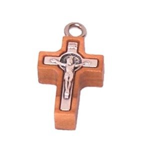 Olive wood Cross with Embedded pewter St. Benedict Crucifix - Latin (2.2cm - 0.9) - 5mm thick、mySite、topwebapps
