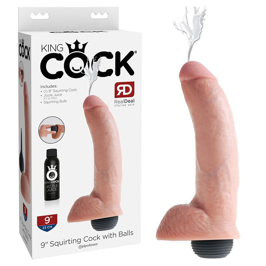 King Cock 9 Inch Squirting Realistic Dildo with Balls (Tan/White)、mySite、bottomscart