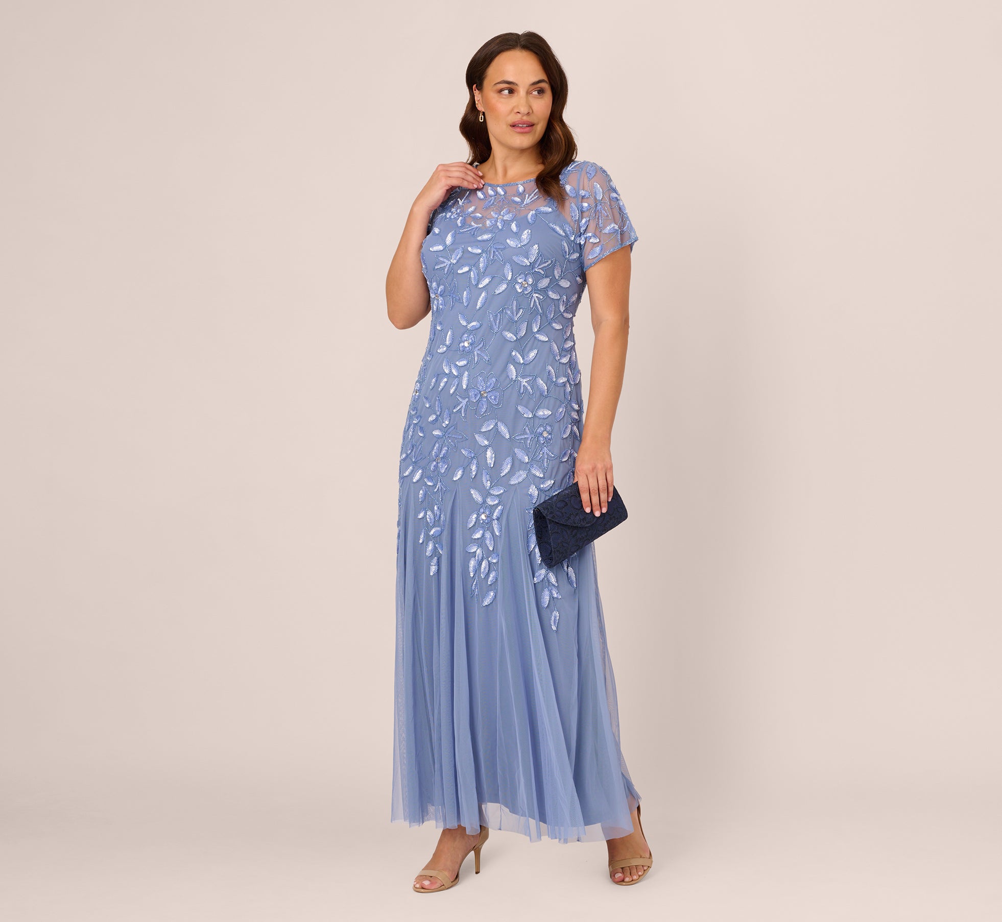 Plus Size Hand Beaded Short Sleeve Floral Godet Gown In French Blue、mySite、solidvoid
