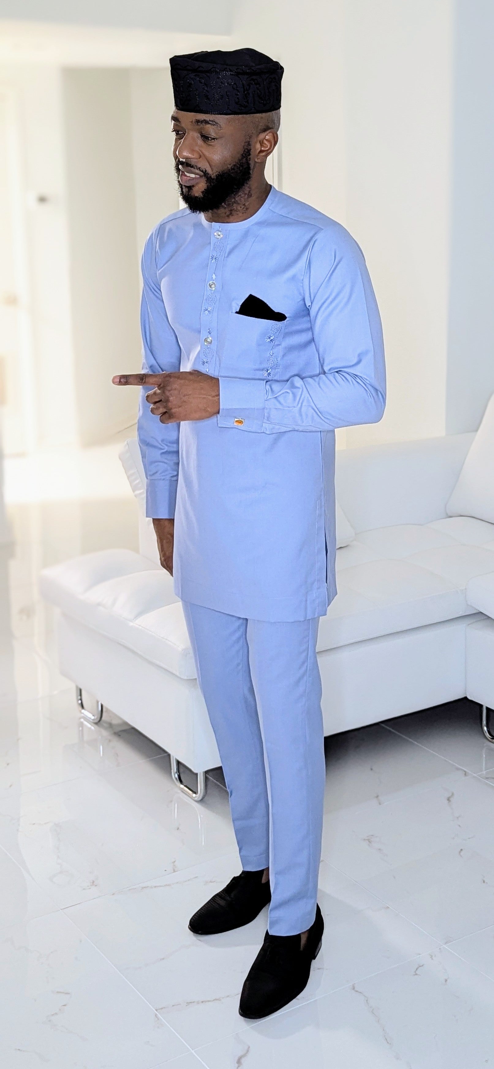 Dupsie's Oluwaseyi Blue Pull-over Long-sleeve Embroidered African Senator Dashiki Shirt with Matching Plain Drawstring Waist Pants DPASABE5、mySite、solidvoid