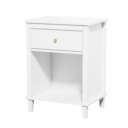 26.77''H Wooden Nightstand with One Drawer One Shelf for Kids, Adults, White+Golden handle、、casual