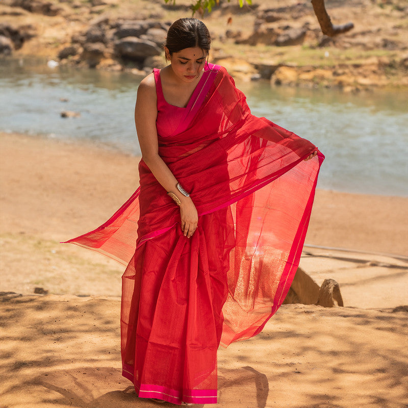 Chanderi Silk Cotton Saree | Red & Pink、mySite、camillekostekn