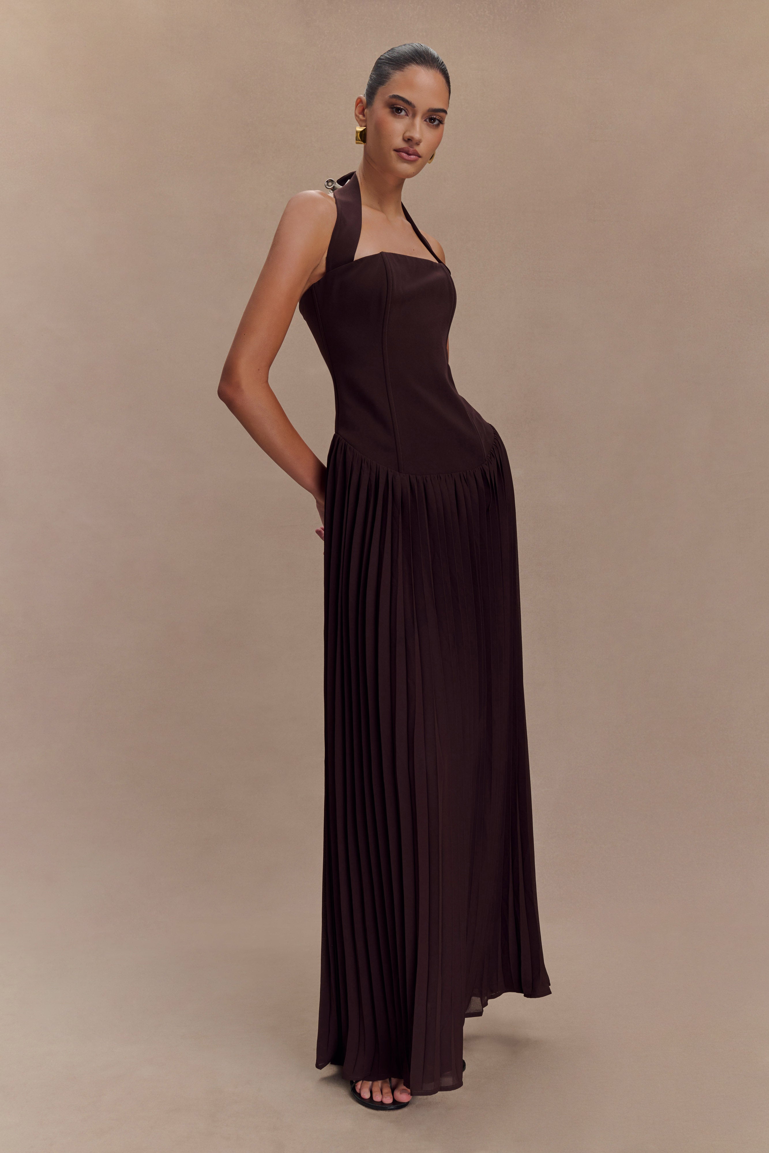 Stacie Pleated Halter Maxi Dress - Cacao、mySite、solidvoid