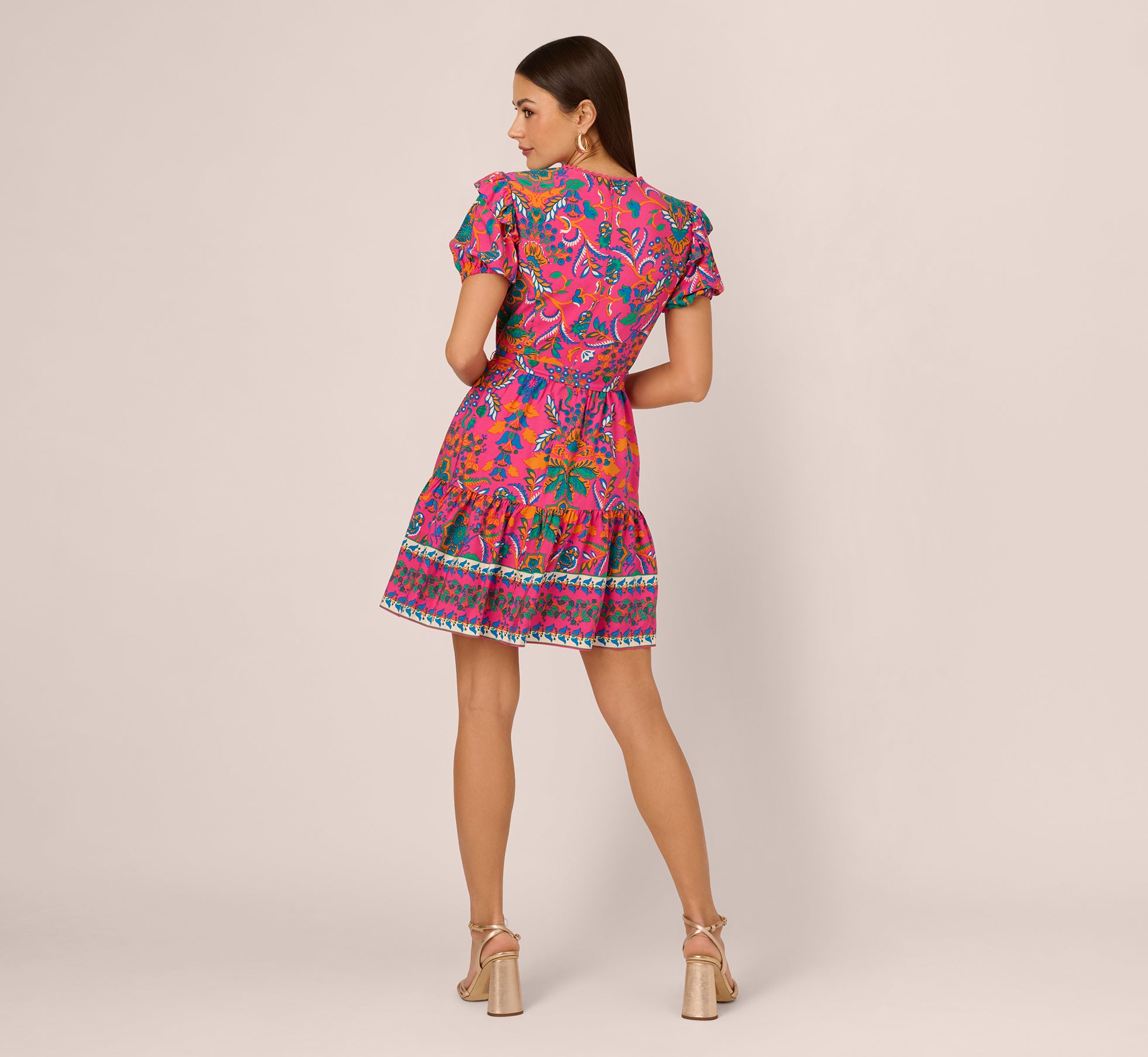 Puff Sleeve Retro Printed Short Dress In Hot Pink Multi、mySite、solidvoid