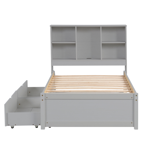 Modern Twin Size Bed Frame With Built-in USB Port on Bookcase Headboard and 2 Drawers for White Washed Color、、xpatfood