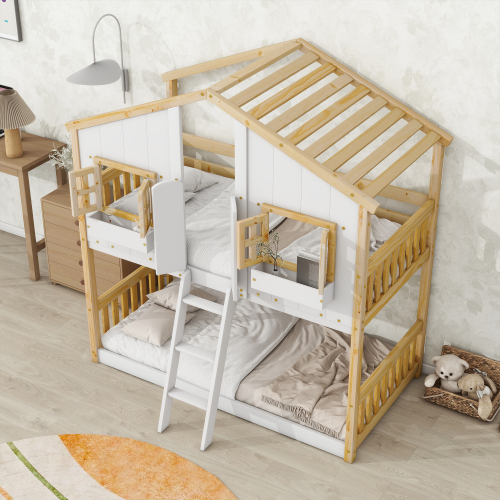 Twin over Twin House Bunk Bed with Roof , Window, Window Box, Door , with Safety Guardrails and Ladder,White、、casual