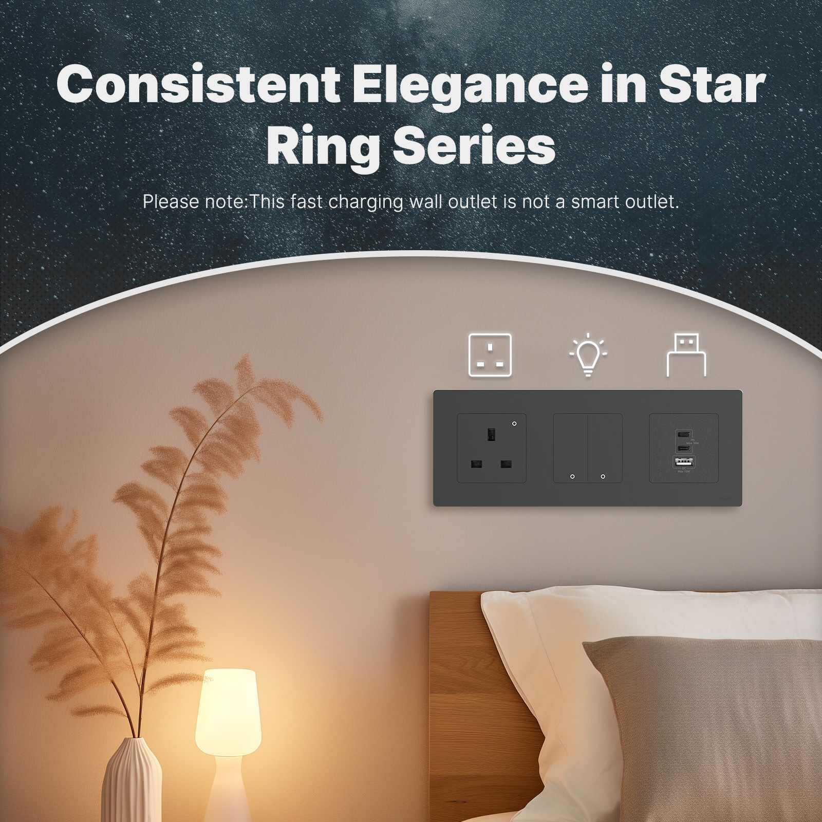 Star Ring 30W Fast Charging PD3.0 Wall Electrical Outlet Charger GaN Socket 3 Ports Type C USB A、mySite、fannypackpong