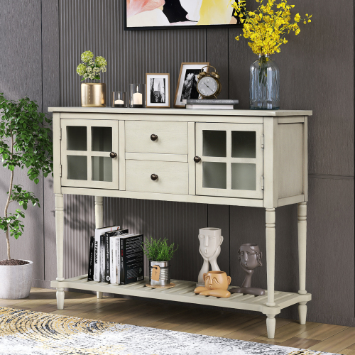 TREXM Sideboard Console Table with Bottom Shelf, Farmhouse Wood/Glass Buffet Storage Cabinet Living Room (Antique Navy)、、casual