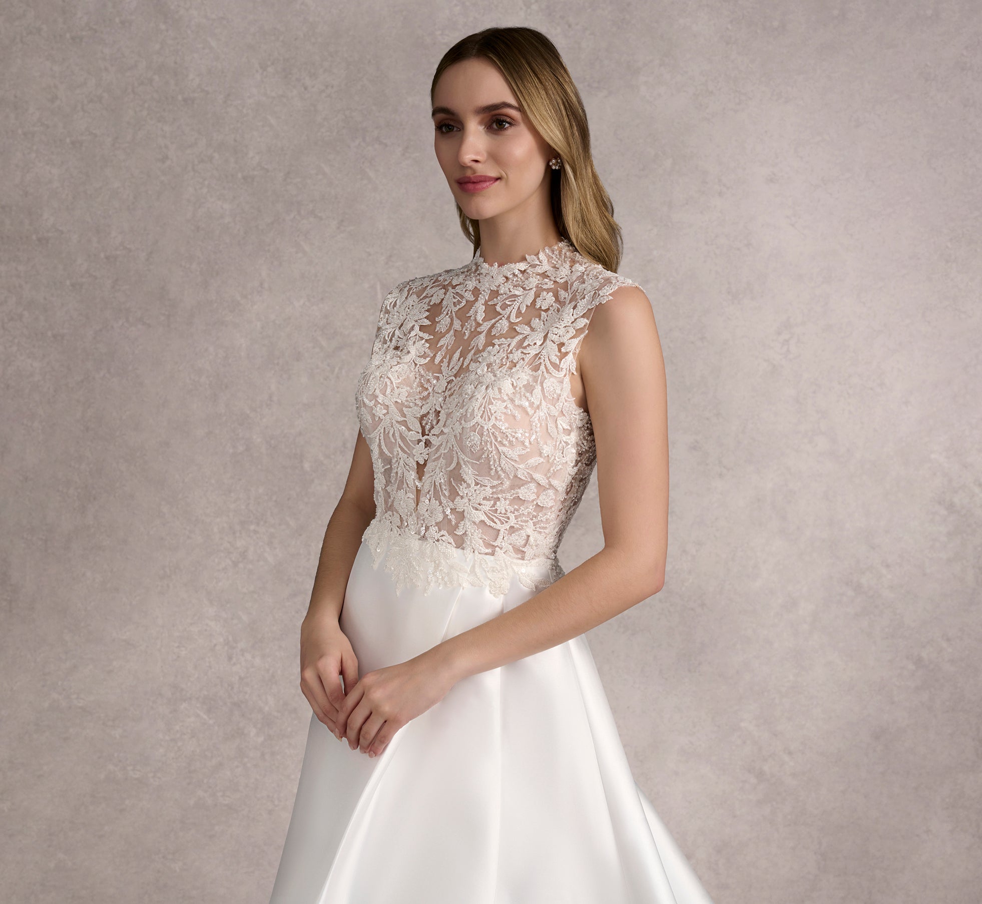 Beaded Lace Bodice And Mikado Side Pleated A-Line Gown In Ivory/Ivory/Nude In Ivory Ivory Nude、mySite、solidvoid