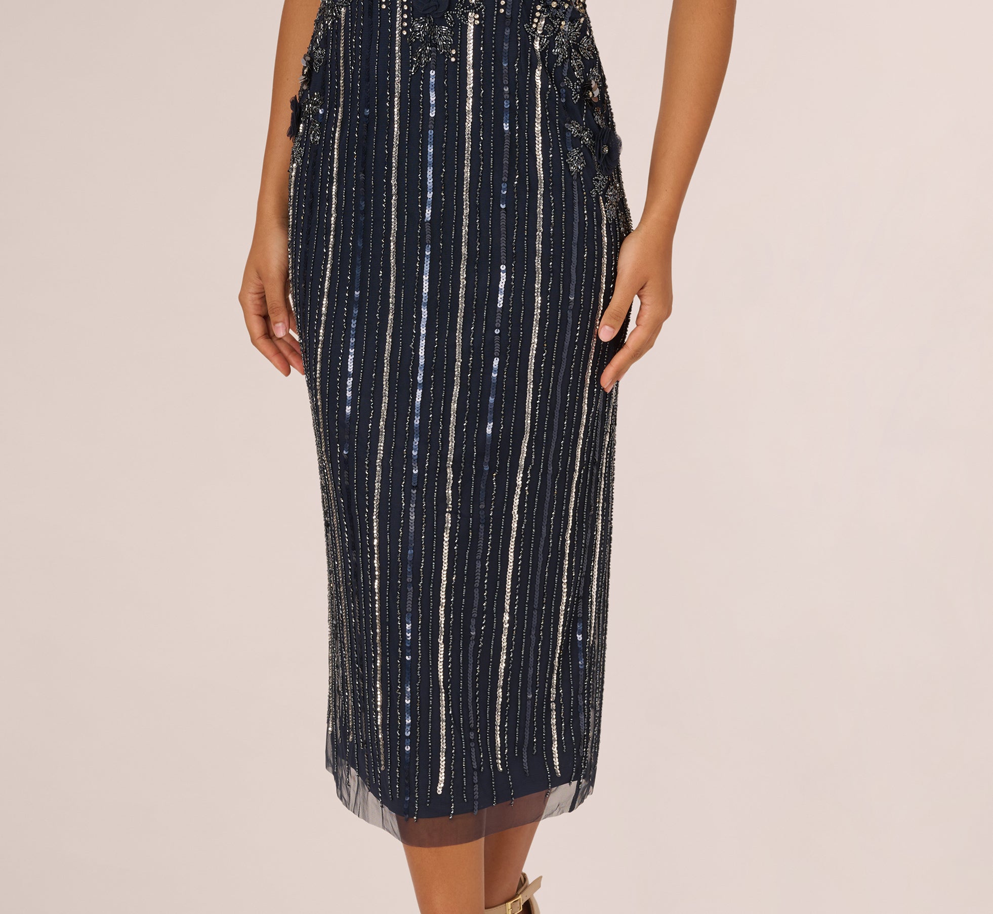 Sleeveless 3D Beaded Ankle Length Dress In Navy Gunmetal、mySite、solidvoid