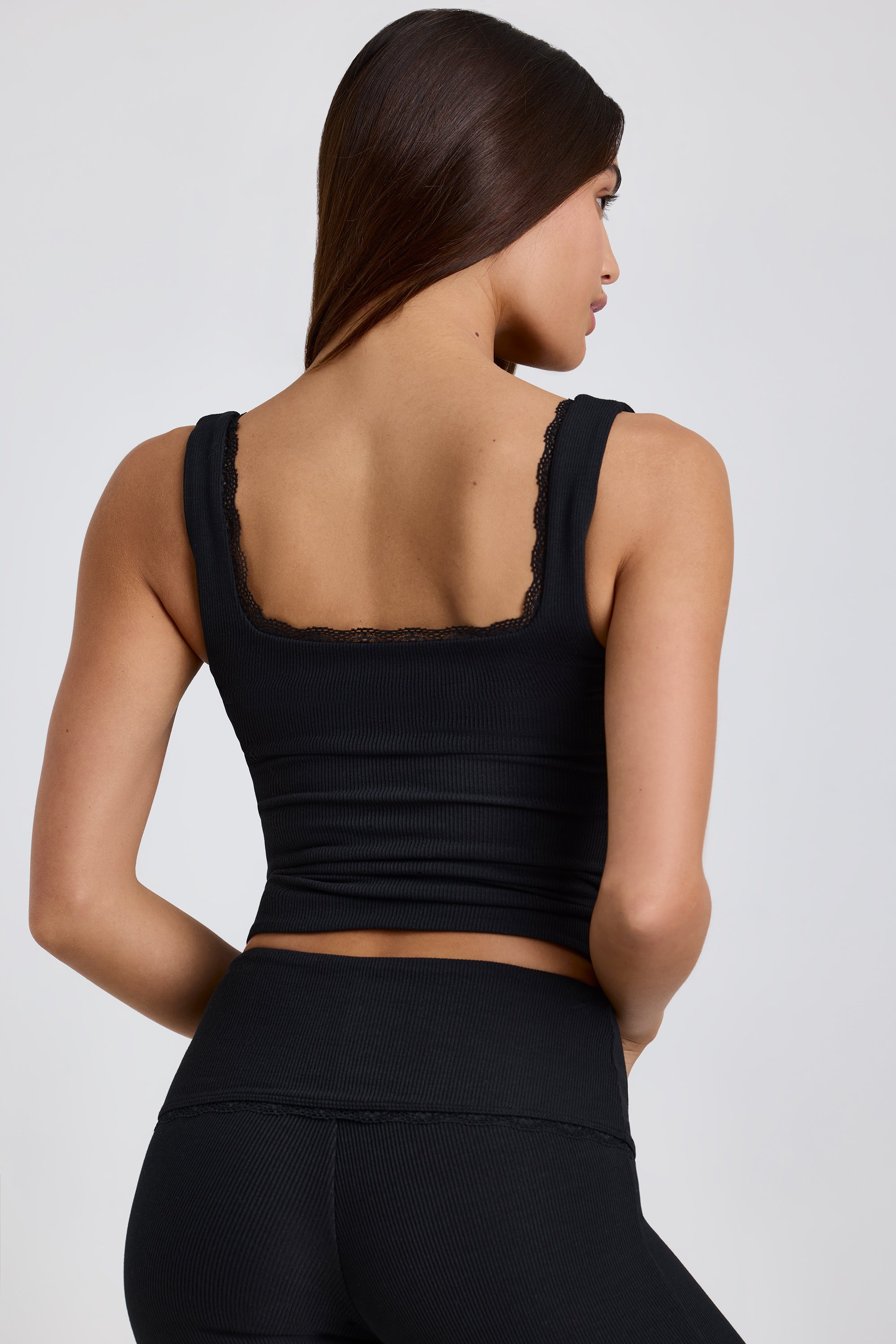 Ribbed Modal Lace-Trim Tank Top in Black、mySite、solidvoid