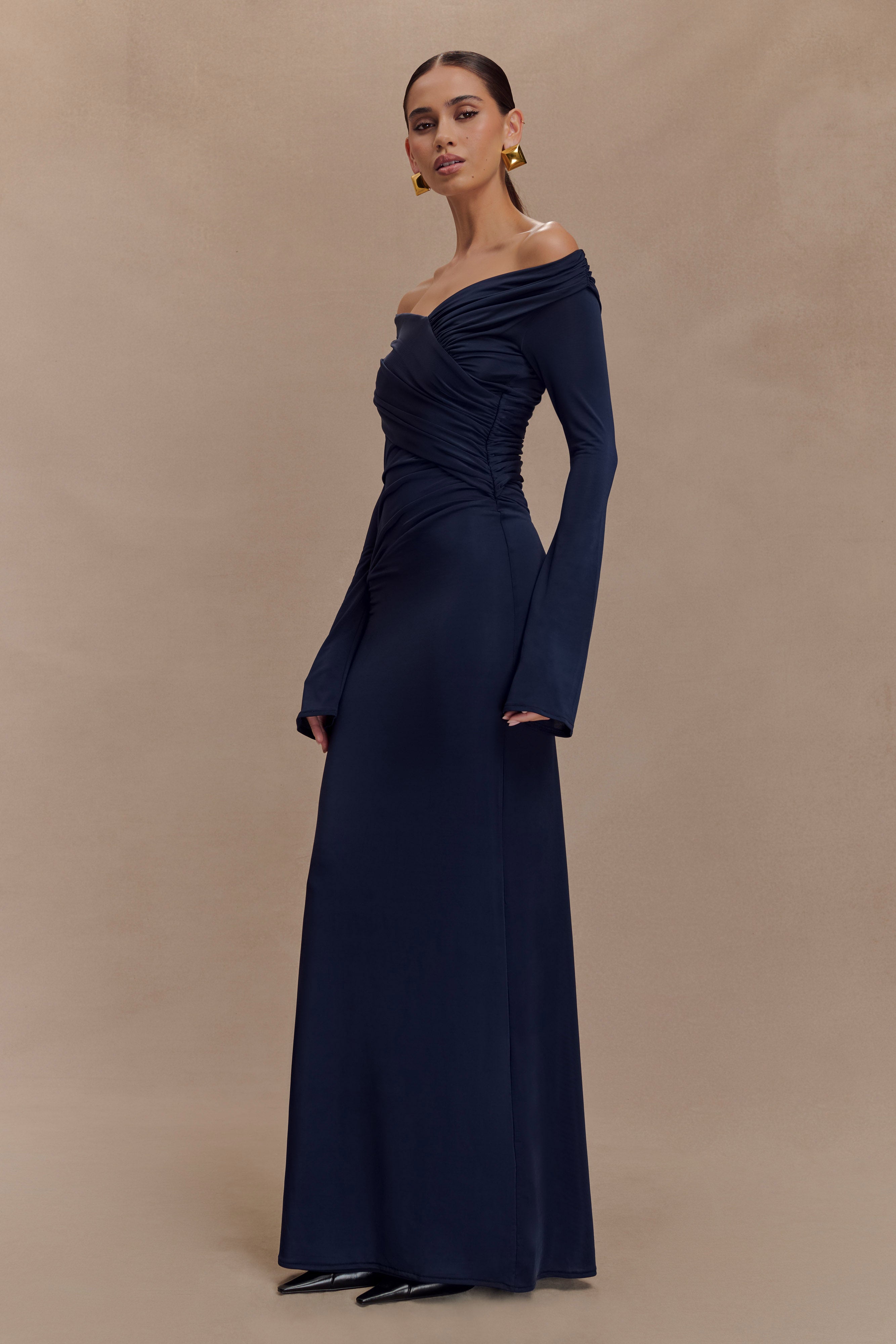 Therese Off Shoulder Ruched Maxi Dress - Navy、mySite、solidvoid