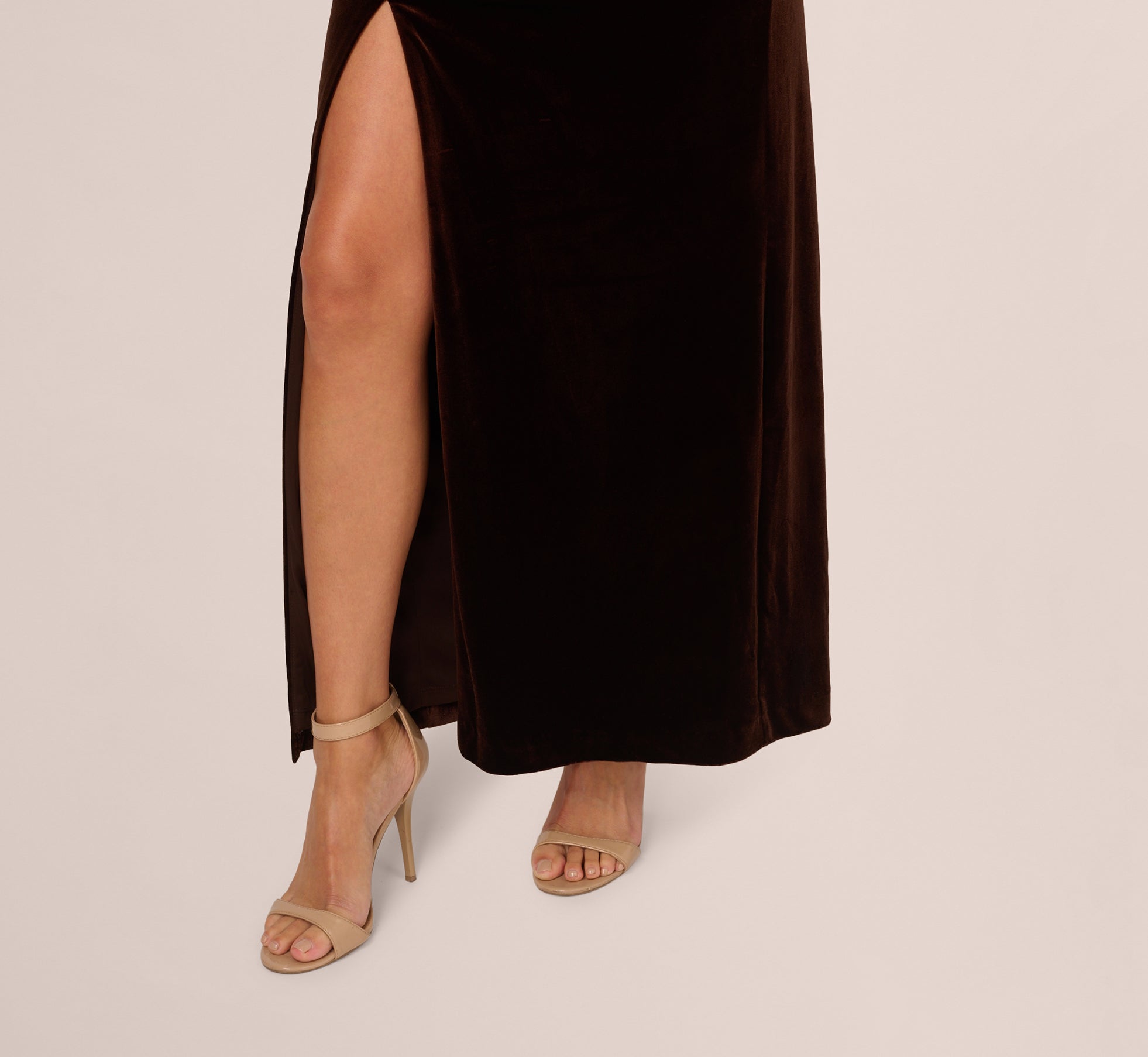 One Shoulder Draped Velvet Gown With Chain Accent In Dark Brown、mySite、solidvoid