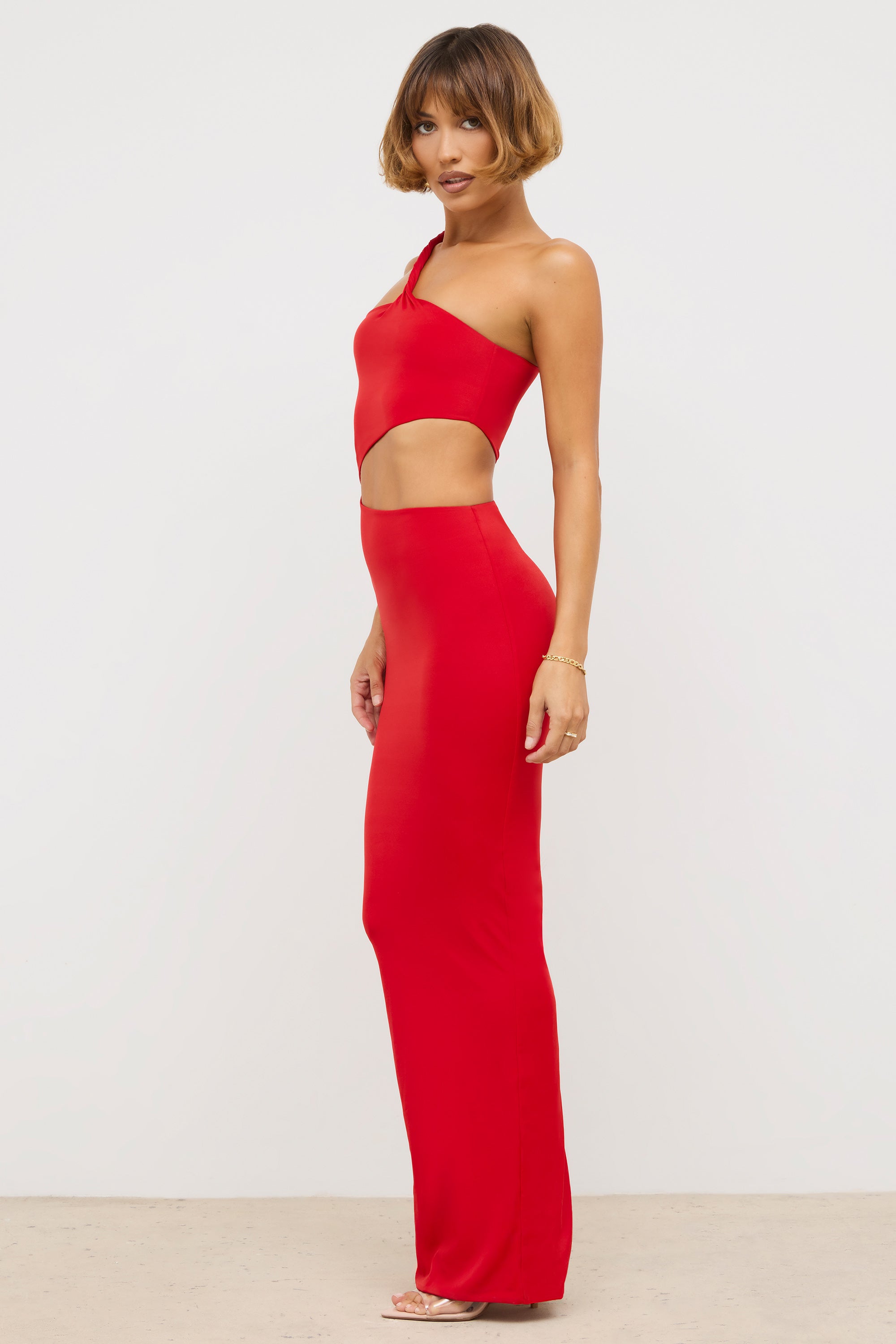 Premium Jersey Asymmetric Cut Out Maxi Dress in Scarlet Red、mySite、solidvoid