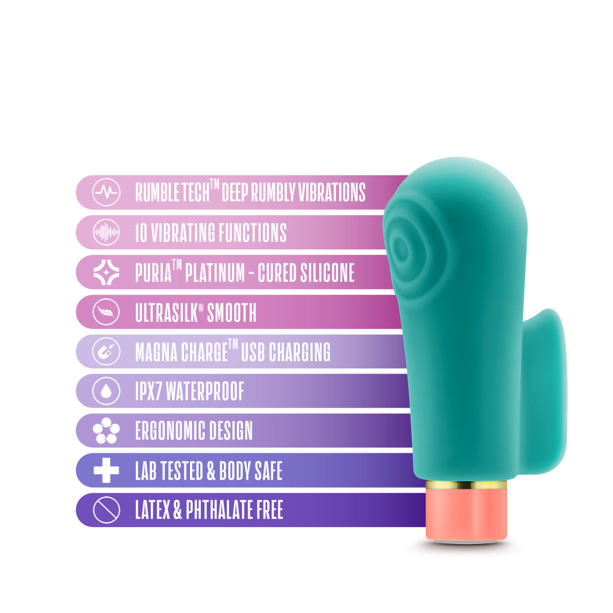 Aria By Blush® | Sensual AF: Finger Fin Teal Silicone Vibrator with Powerful RumboTech™ Technology、mySite、bottomscart