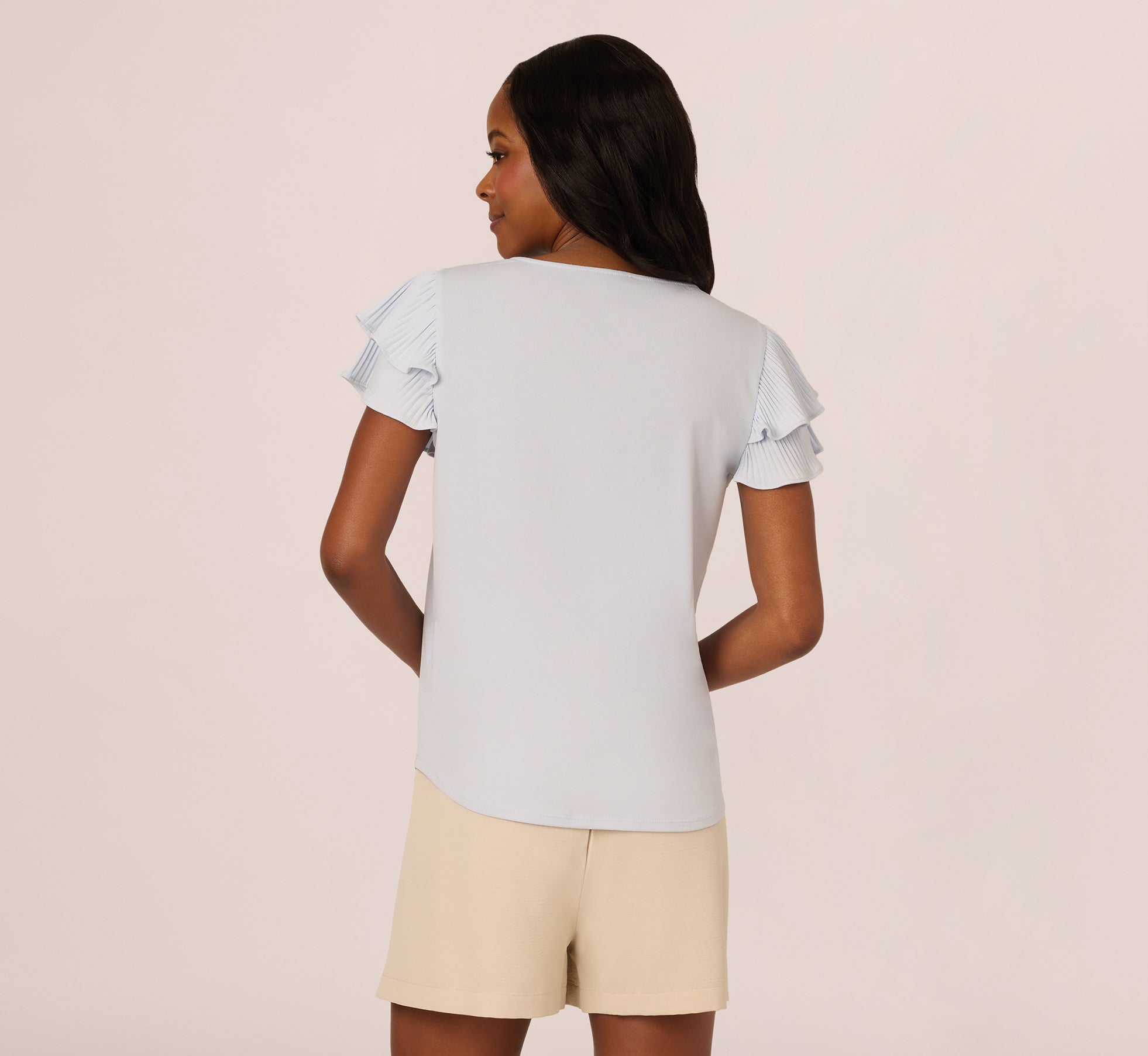 Double Flutter Sleeve Top With Pleated Details In Halogen Blue、mySite、solidvoid