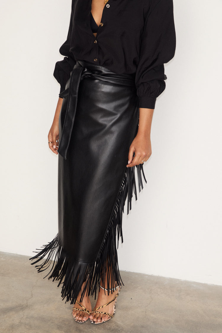 Black Vegan Leather Fringe Midi Jaspre Skirt、mySite、solidvoid