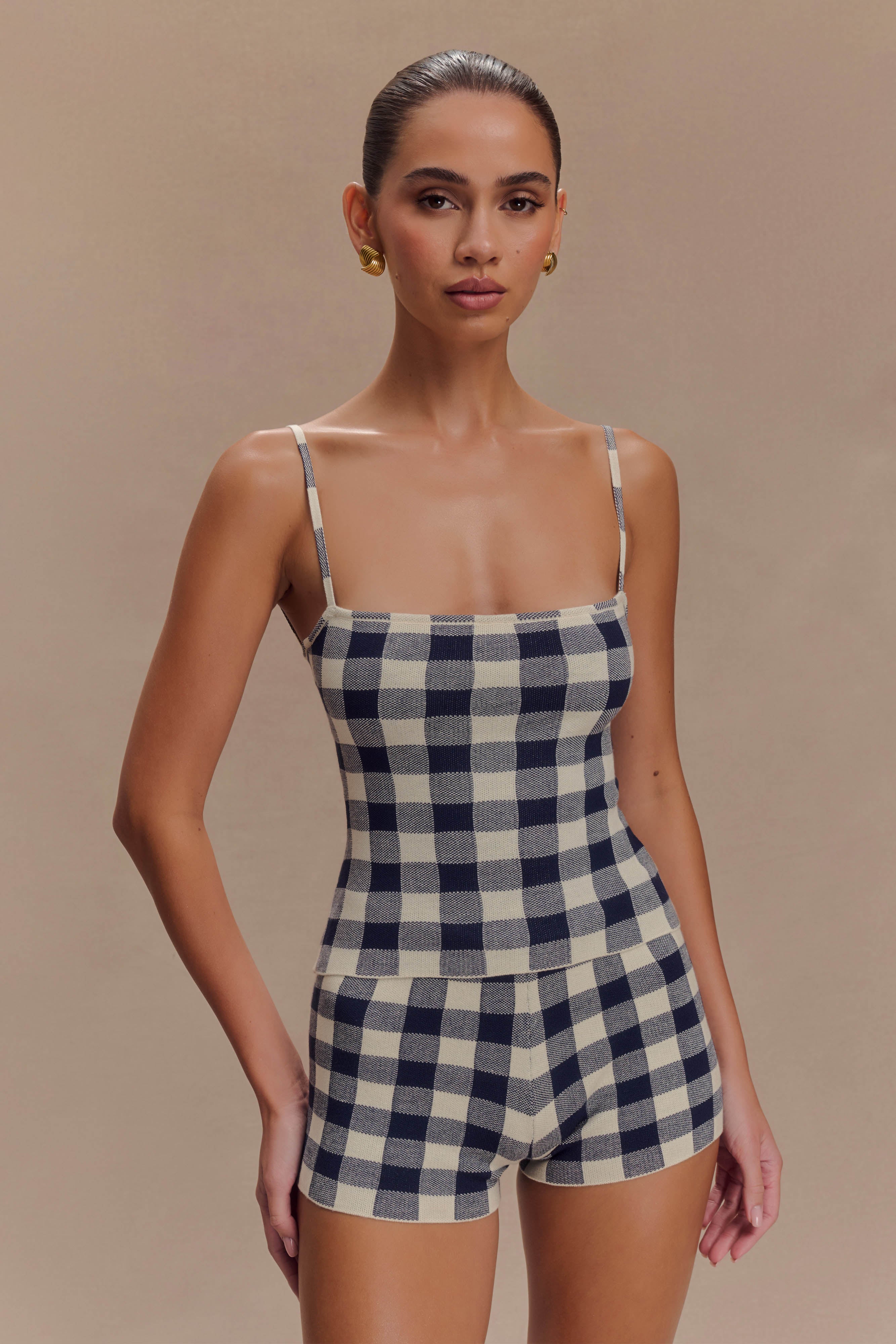 Marcie Sleeveless Knit Top - Navy Gingham、mySite、solidvoid