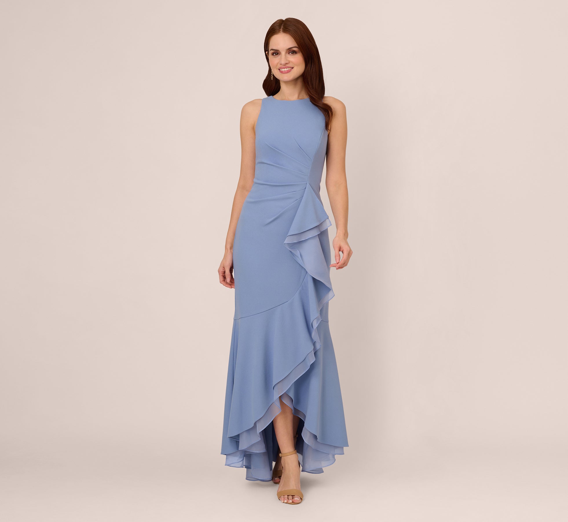 High Low Crepe Halter Gown With Organza Draping In French Blue、mySite、solidvoid