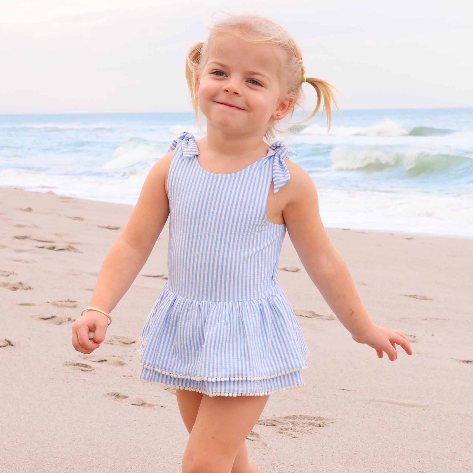  Tiered Skirt with White Pom Trim | Seersucker Blue、mySite、layawaytickets