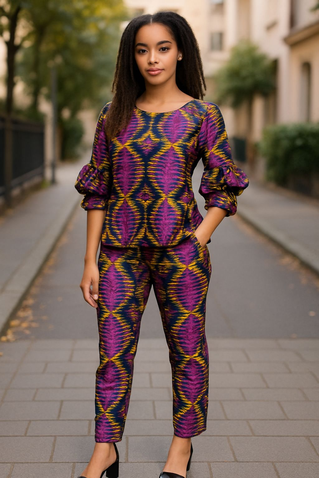 Dupsie's Elysia Elegance: Purple, Gold, and Navy-Blue Kitenge Ankara African Print Top and Pants Suit DPAPSPG5、mySite、solidvoid