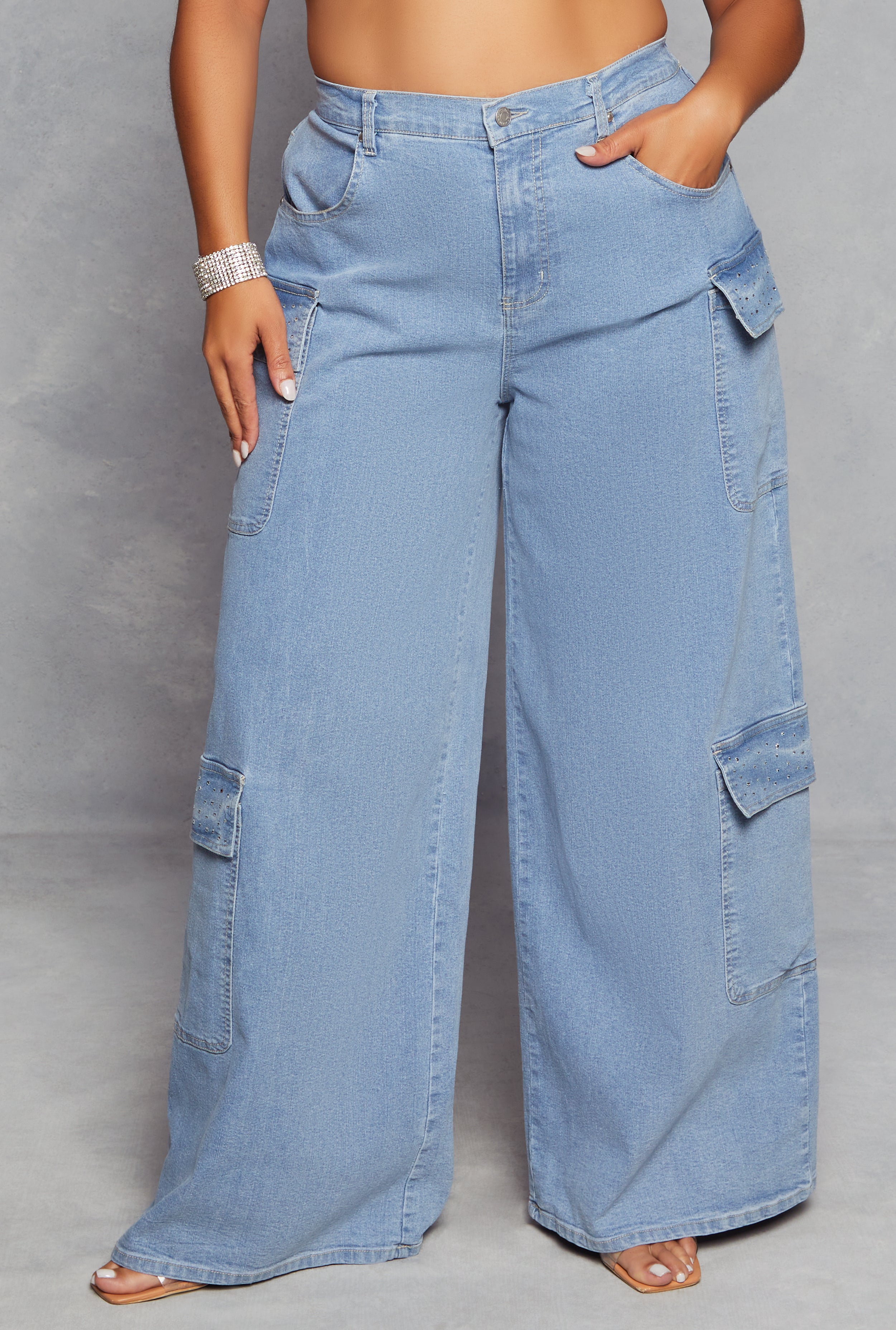Plus Size Almost Famous High Waist Wide Leg Cargo Jeans、mySite、camillekostekn