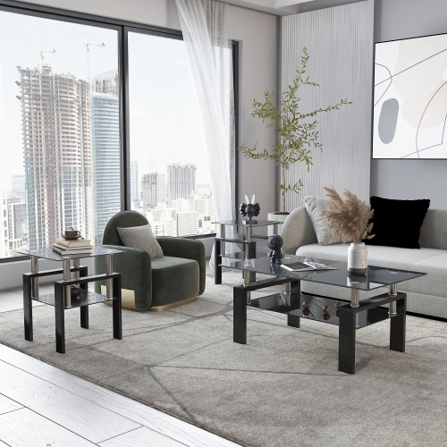 Set of 2, Modern Tempered Glass Tea Table Coffee Table End Table, Square Table for Living Room, Transparent/White、、casual