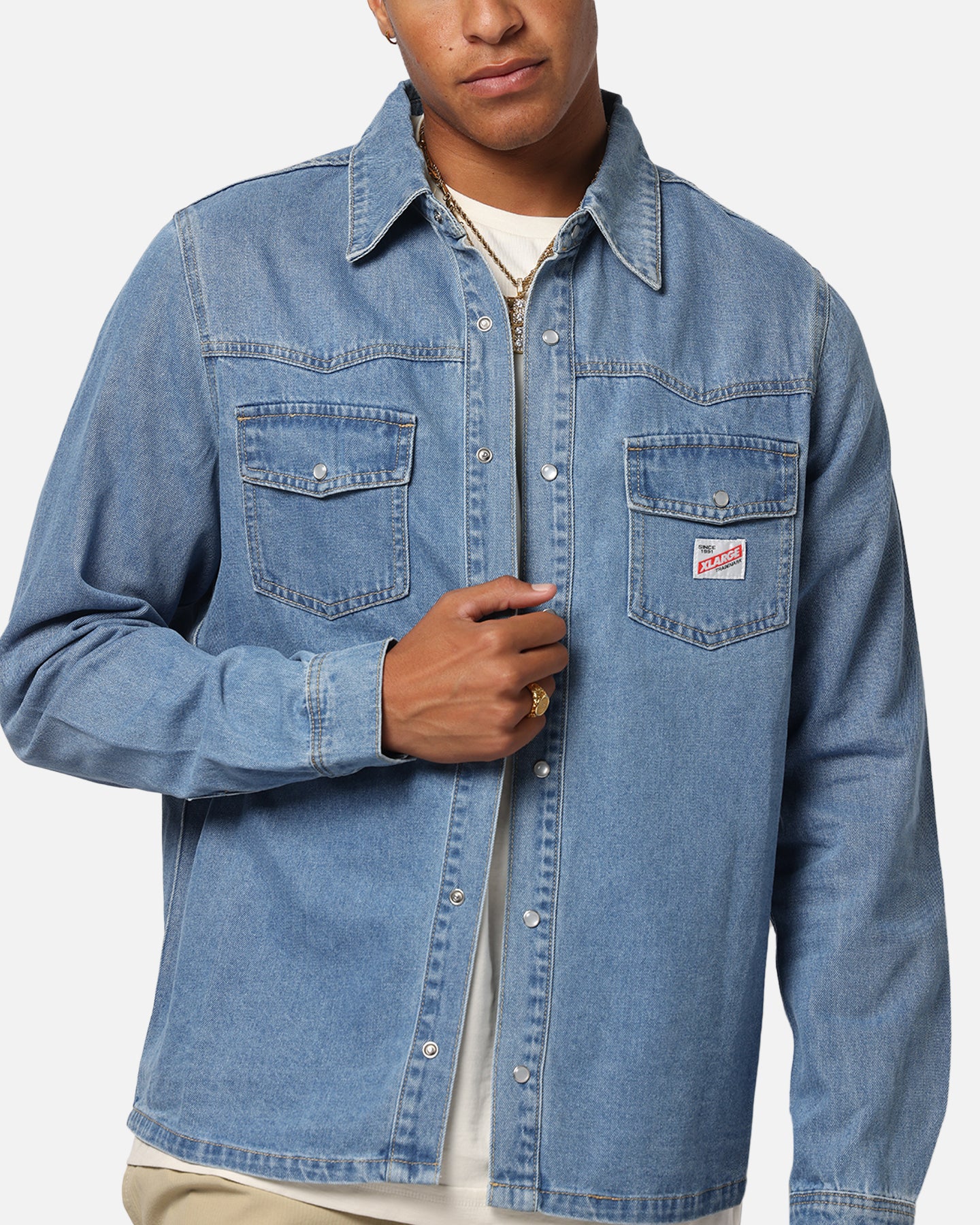 X-Large Denim Western Long Sleeve Shirt Mid Blue、mySite、zt4zffjzw