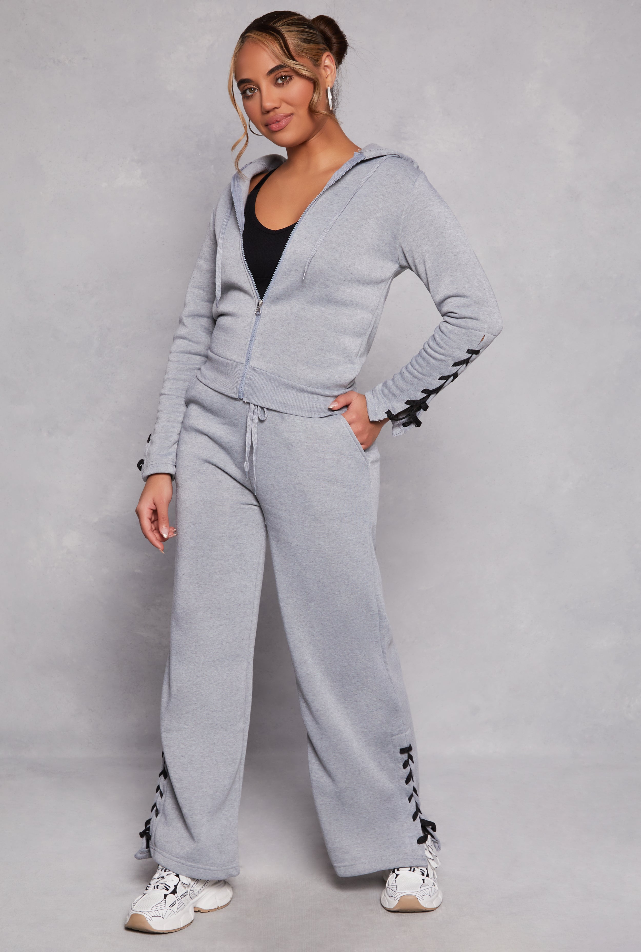 Lace Up Sleeve Zip Front Hoodie、mySite、camillekostekn