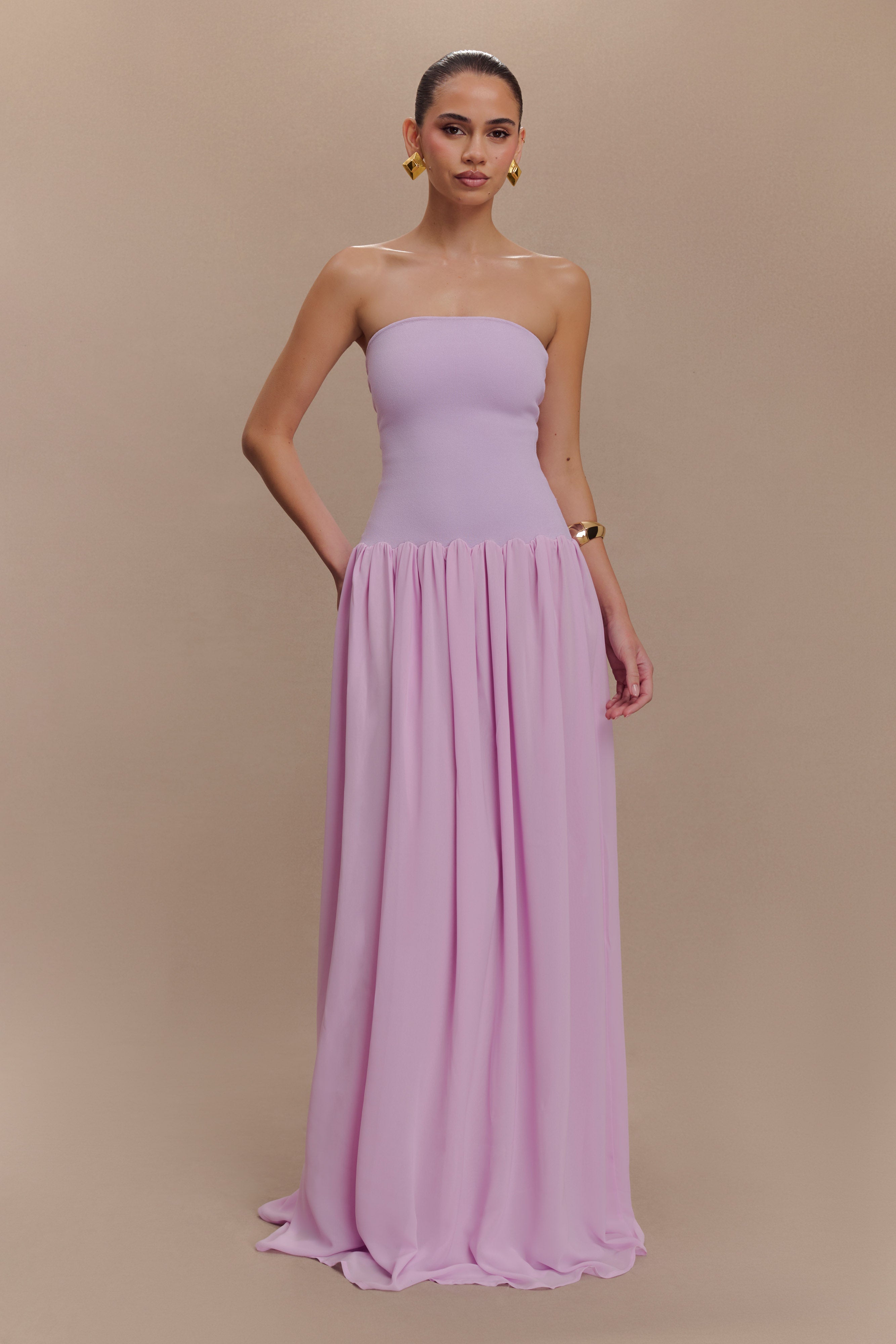 Lyanna Knit And Chiffon Strapless Maxi Dress - Lilac、mySite、solidvoid