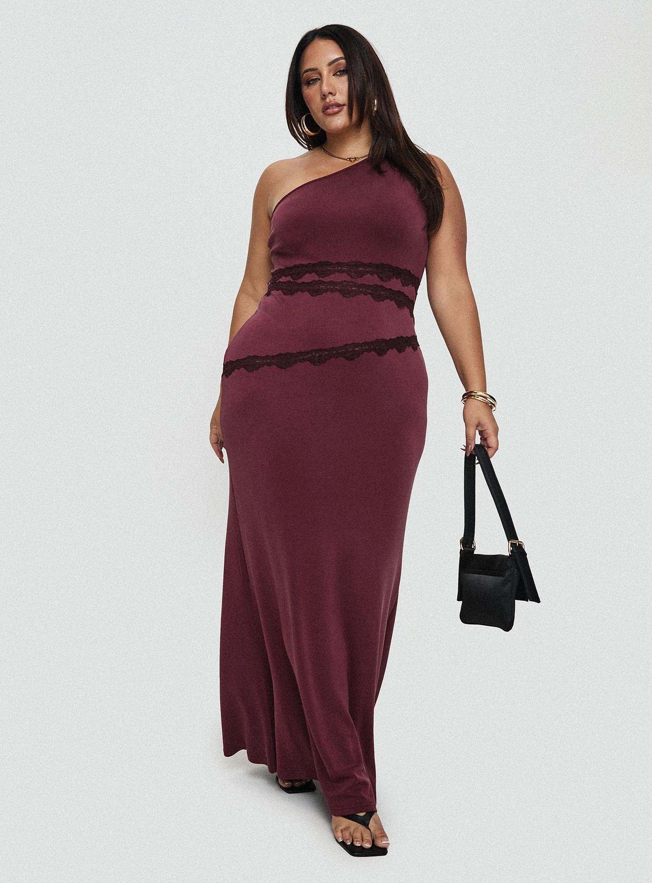 Ultraviolet One Shoulder Lace Maxi Dress Wine Curve、mySite、solidvoid
