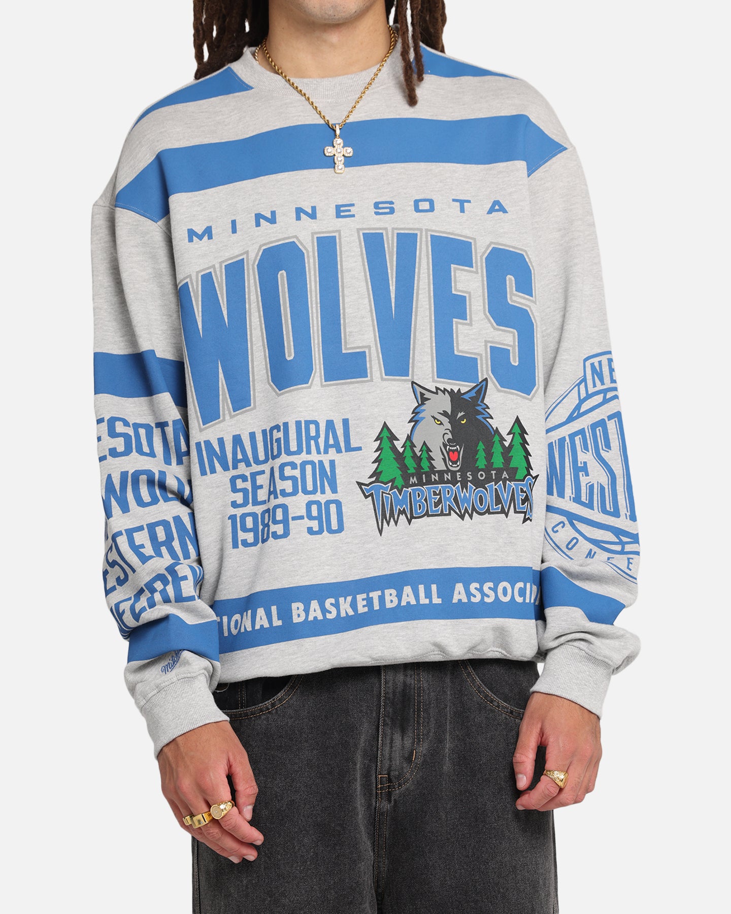 Mitchell & Ness Minnesota Timberwolves Letterform Crewneck Grey Marle/Official Team Color、mySite、zt4zffjzw