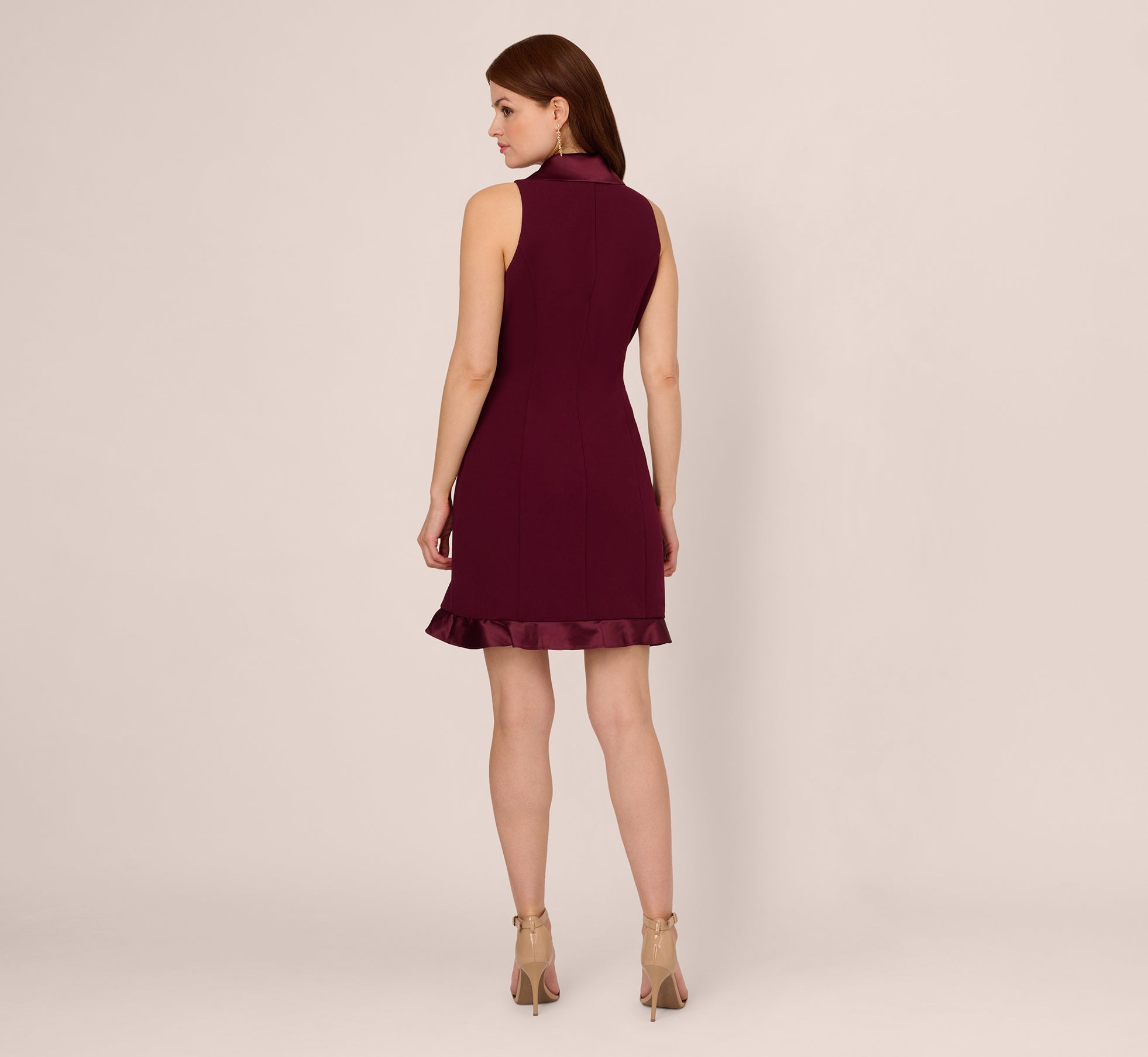 Sleeveless Crepe Tuxedo Dress With Charmeuse Accents In Cabernet、mySite、solidvoid