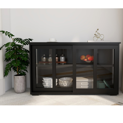 Kitchen Storage Stand Cupboard With Glass Door-Black、、casual