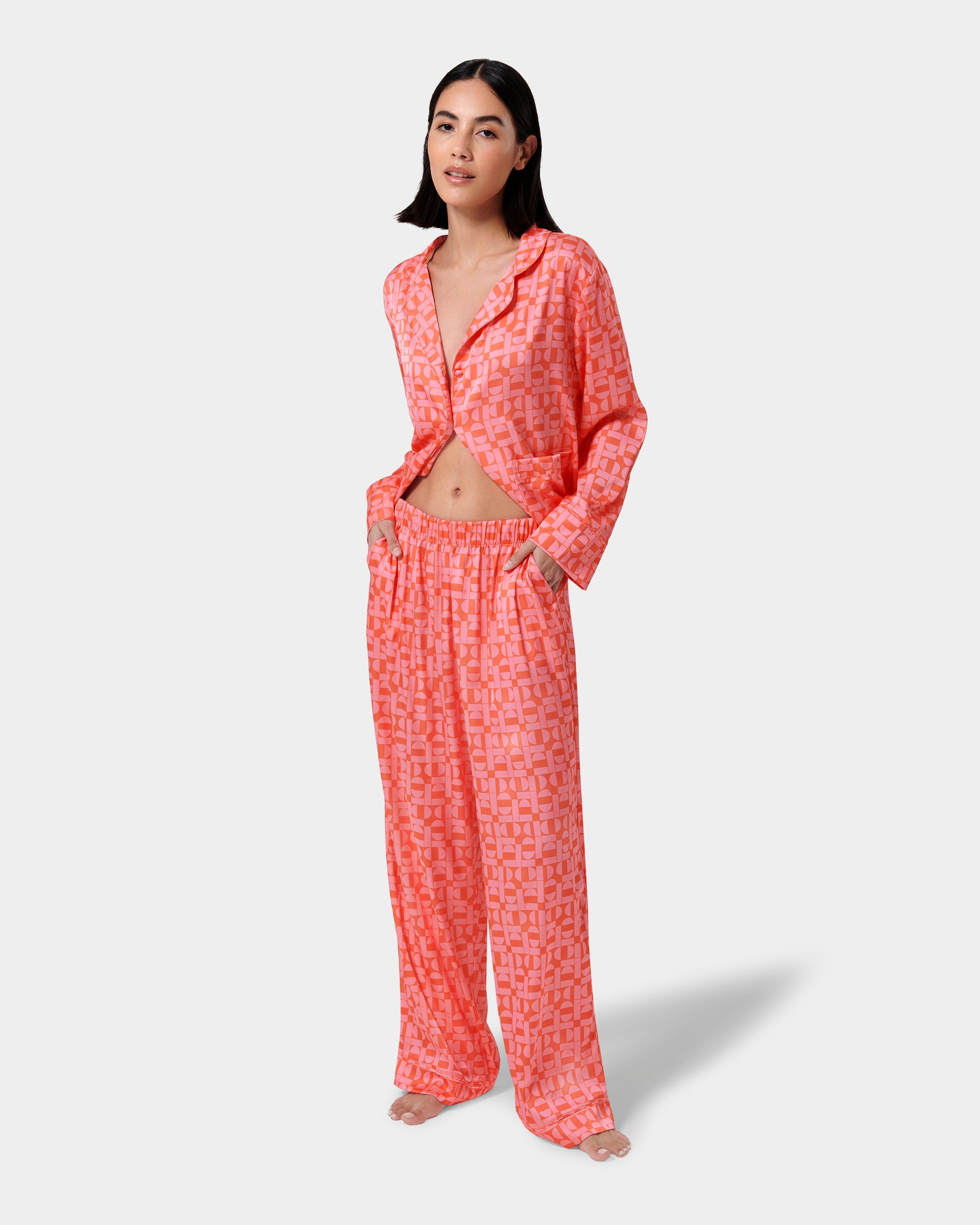 Tabitha Luxury Satin Long Pyjama Set Hot Coral/Dianthus Pink、mySite、bengalsvssteelers