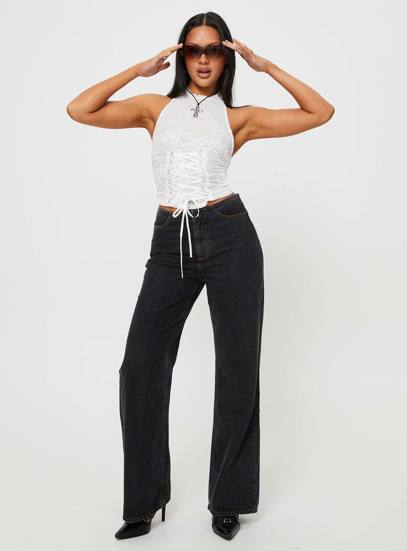 Gratten Lace High Neck Top White、mySite、solidvoid