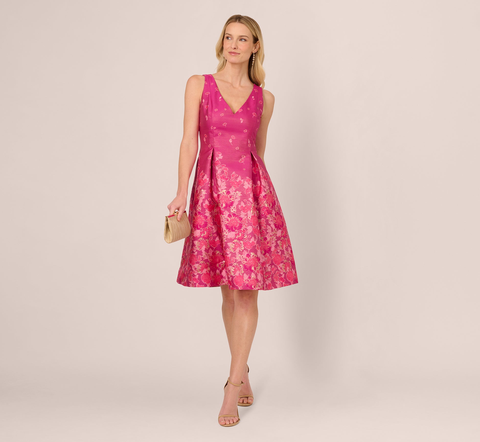 V Neck Floral Hem Jacquard Midi Dress In Pink Multi、mySite、solidvoid