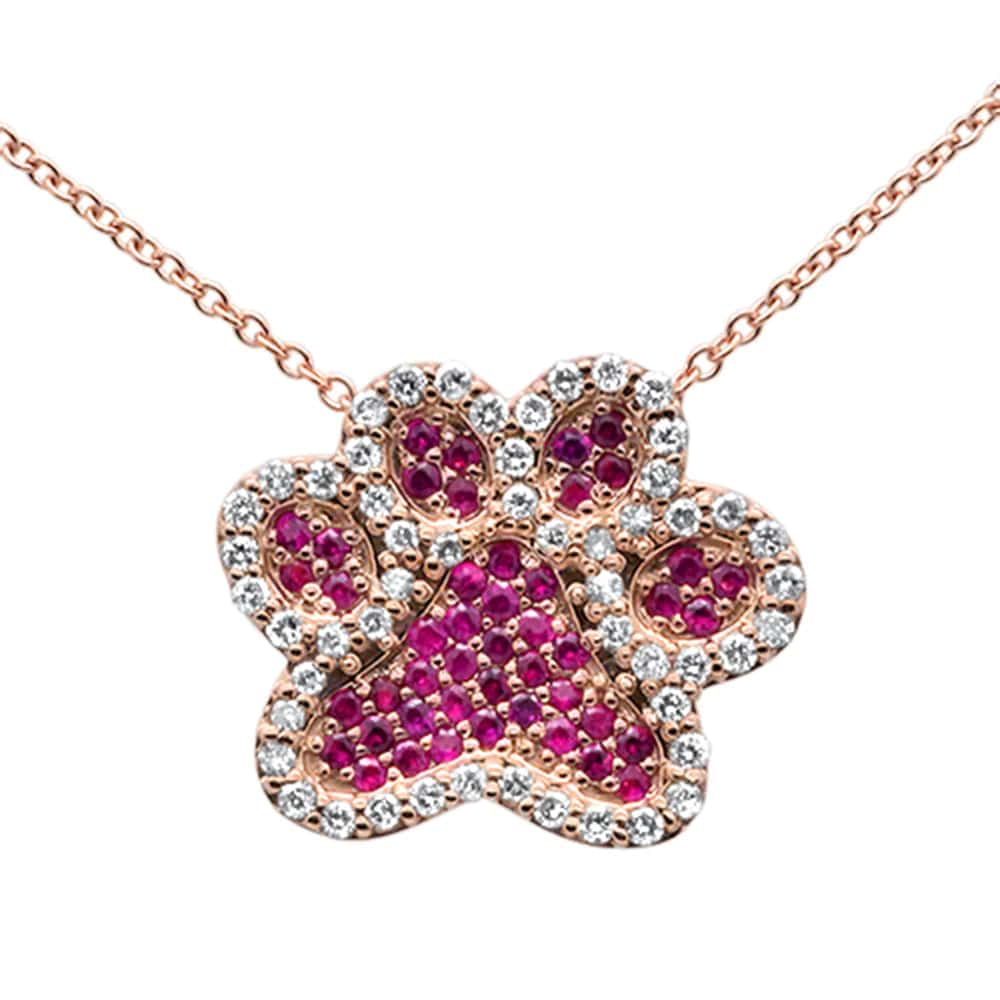 Dog Paw Pendant Necklace 14K Rose Gold Diamond Ruby Gemstones .53ct G SI、mySite、g9winljtr