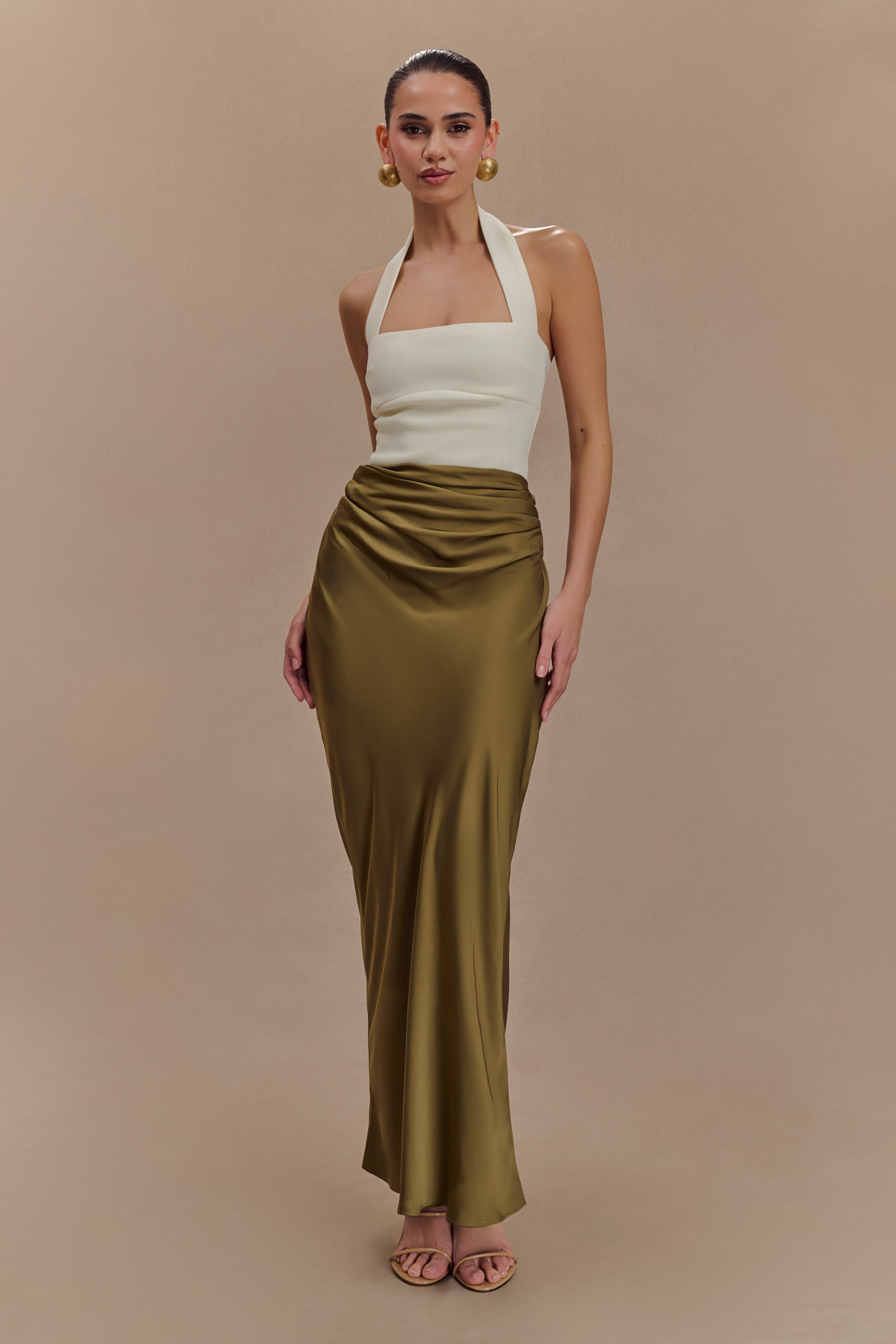 Nicola Satin Asymmetric Maxi Skirt - Basil、mySite、solidvoid