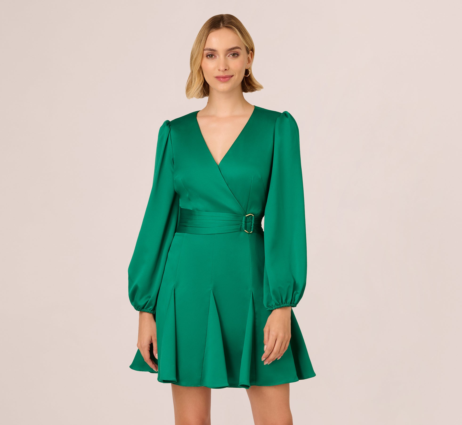 Godet Faux Wrap Short Dress In Radiant Emerald、mySite、solidvoid