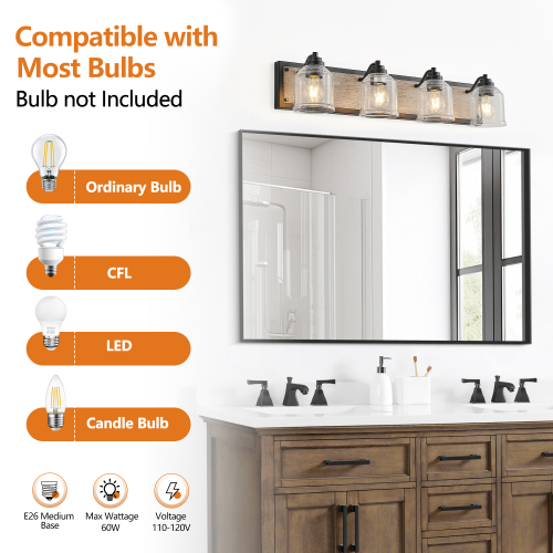 40&quot; Farmhouse Vanity Light Fixture, 5-Light Bathroom Wall Sconce with Clear Seeded Glass Shades, Black and Wood Grain Finish, Modern Industrial Design for Bathroom or Powder Room (No Bulbs)、、eastwooduniform