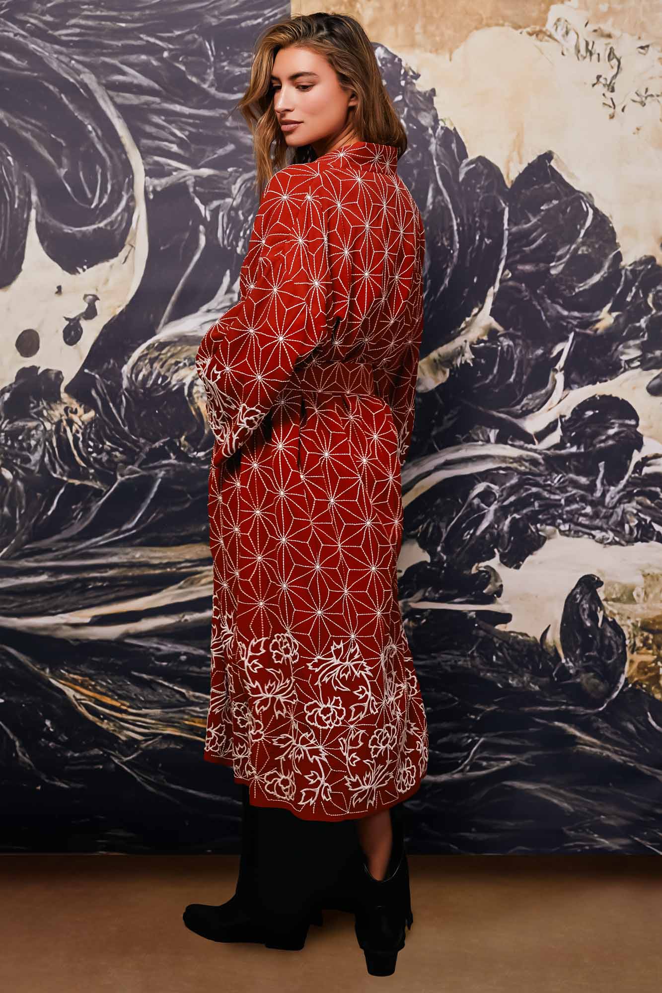 Asanoha & Peony Embroidered Fully Lined Terracotta Fully Lined Long Kimono、mySite、bengalsvssteelers